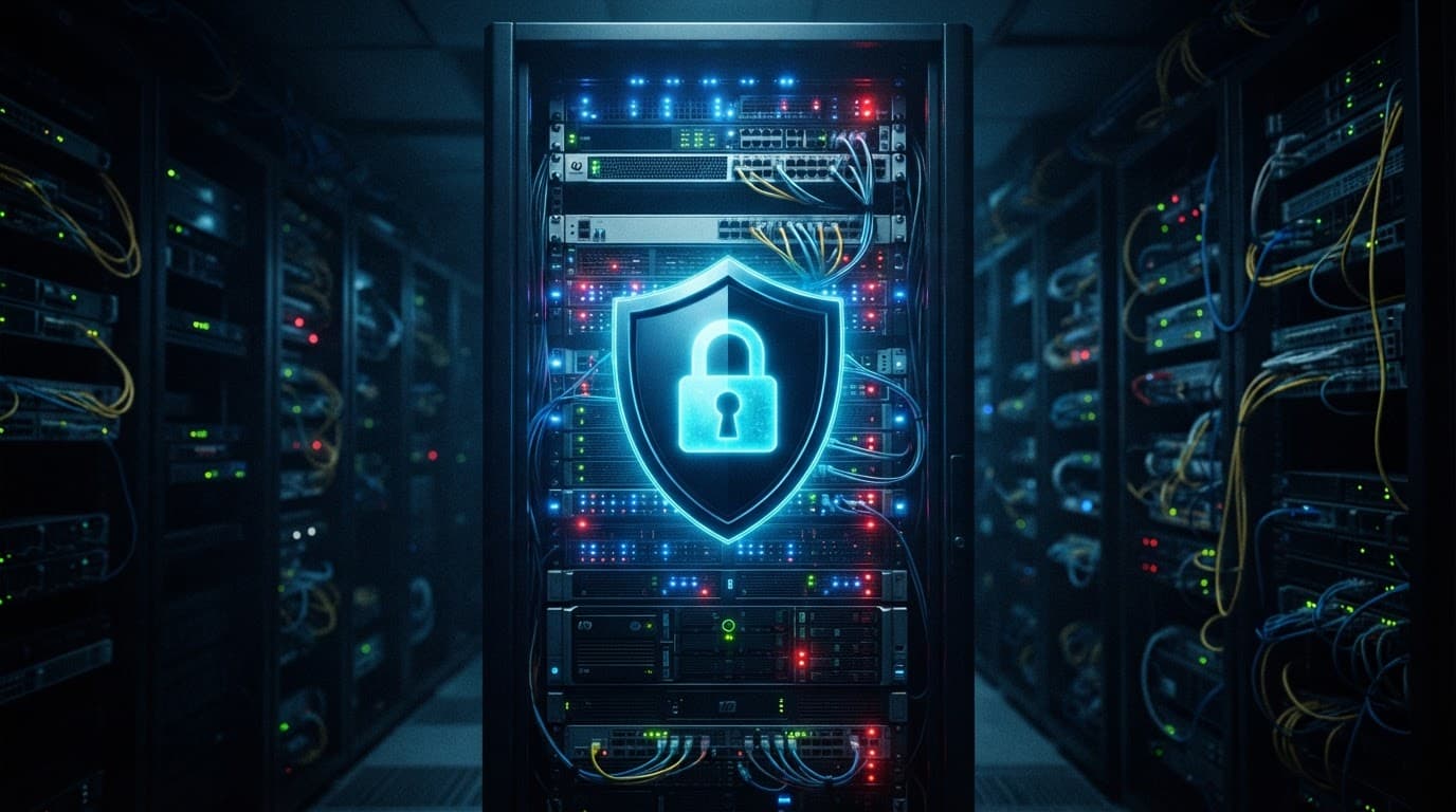 A server rack with a glowing shield and padlock icon in dark blue lighting.