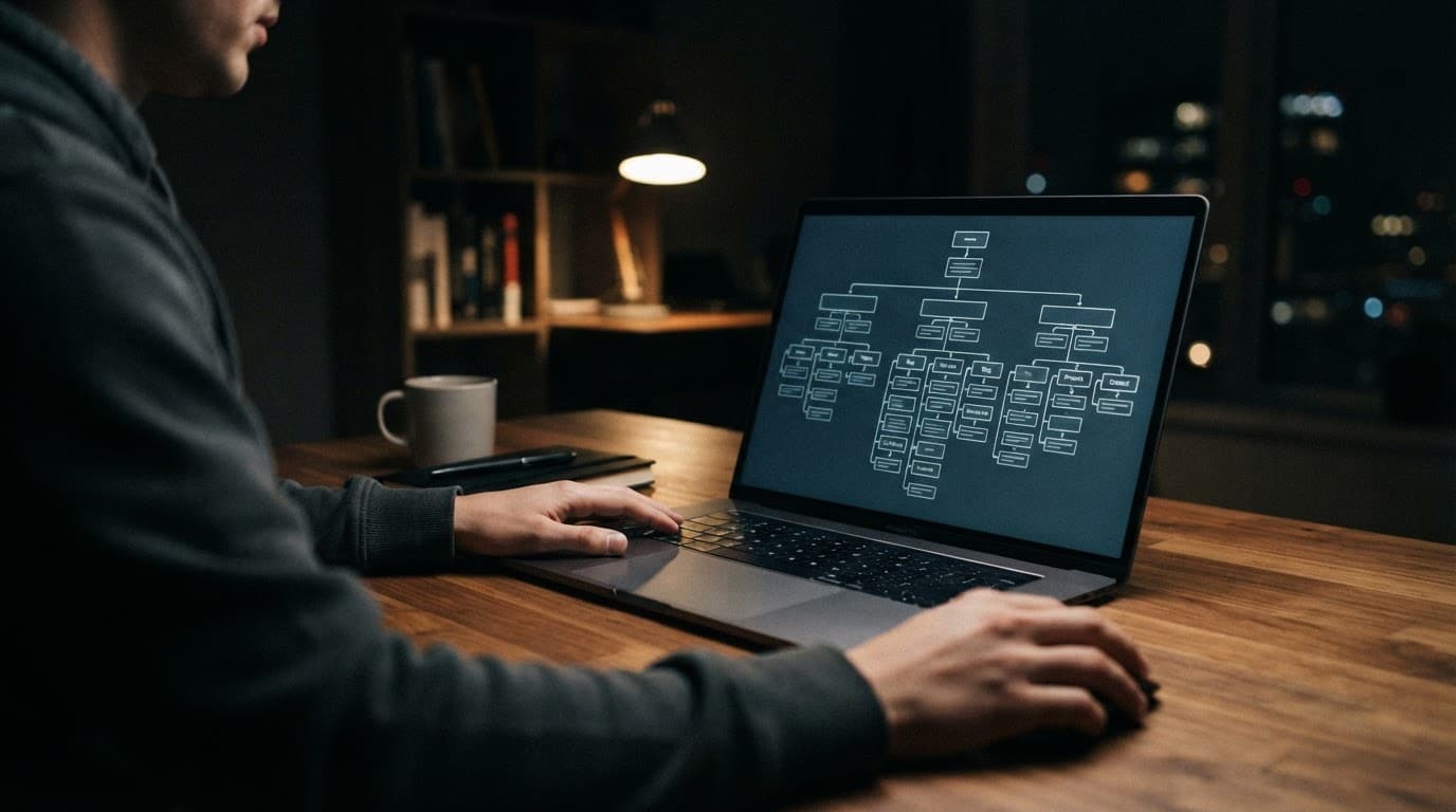 Laptop showing a website structure diagram on a modern desk.