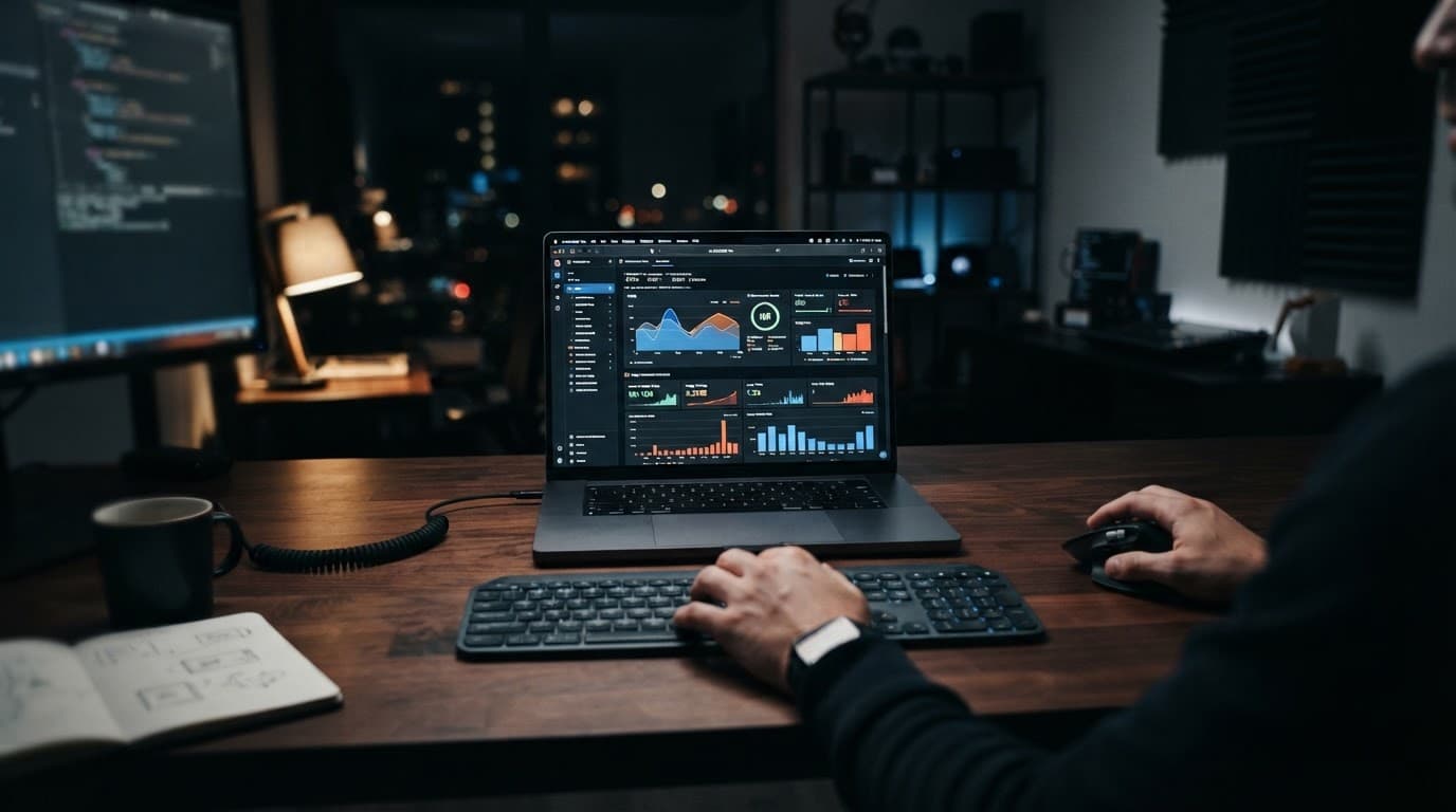Laptop showing website analytics and image optimization metrics on a modern developer desk.
