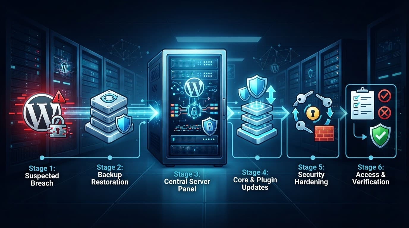 A six-step security workflow restores a WordPress site after a suspected breach.