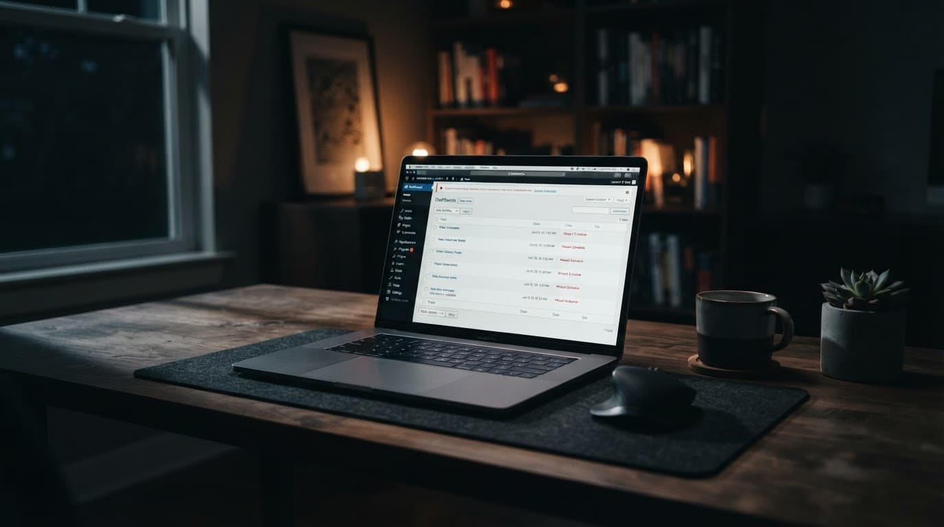 Laptop showing a WordPress dashboard with a scheduling issue on a modern desk.