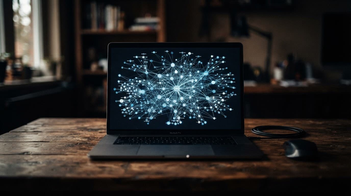 A laptop showing connected websites on a wooden desk.