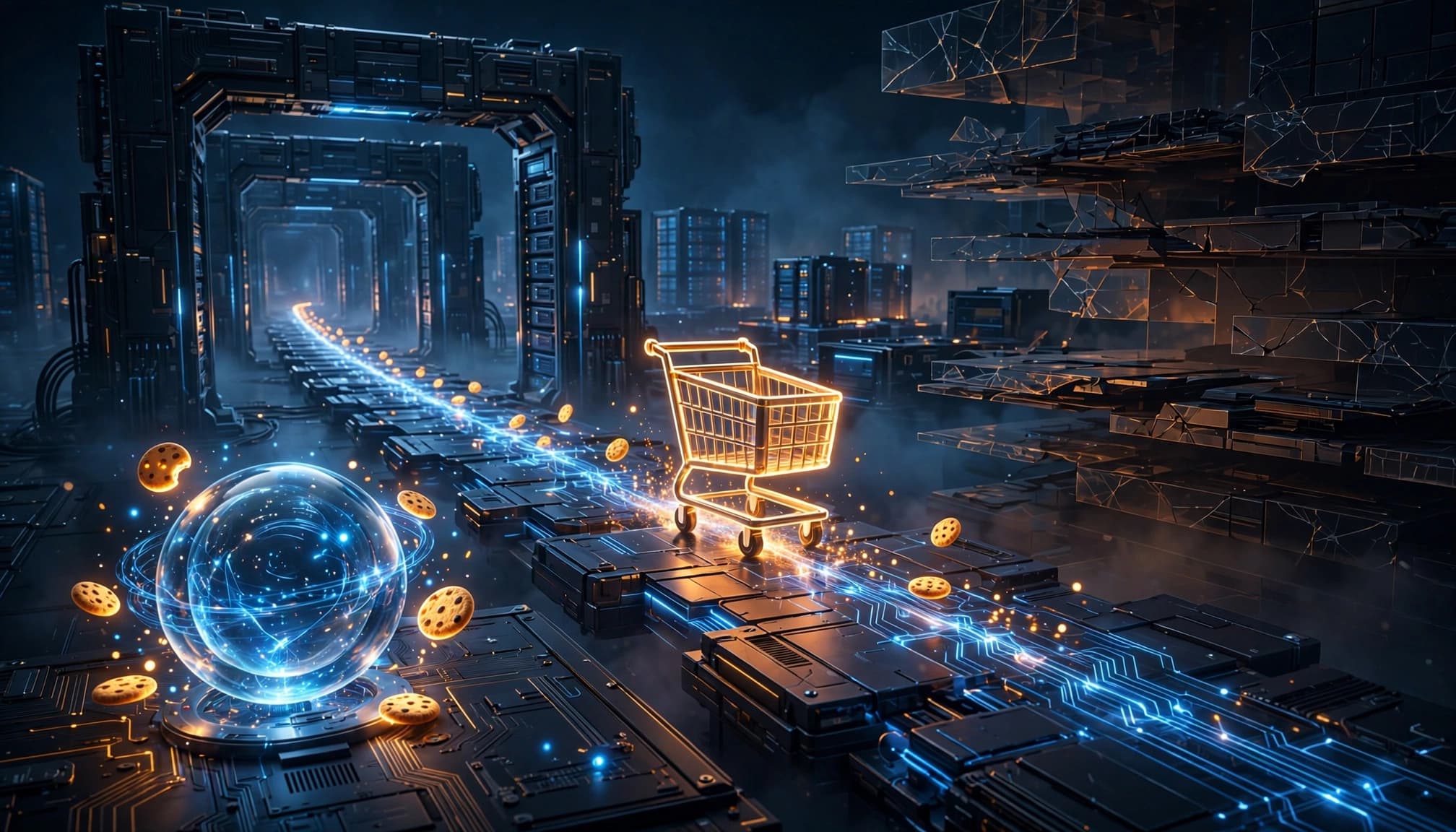 A glowing cart follows a connected path through server layers and cookie tokens.