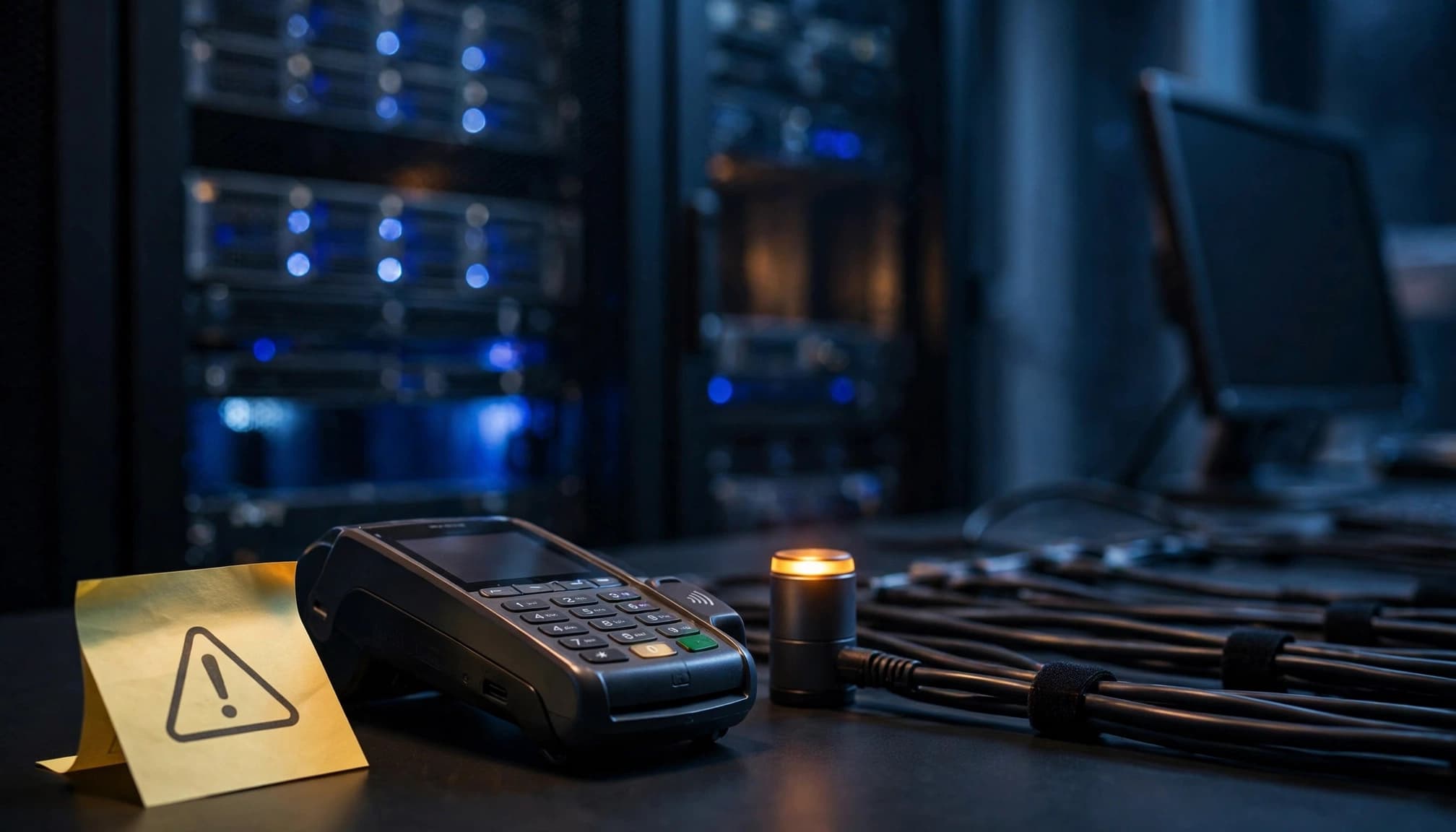An error note beside a payment terminal and glowing server equipment.