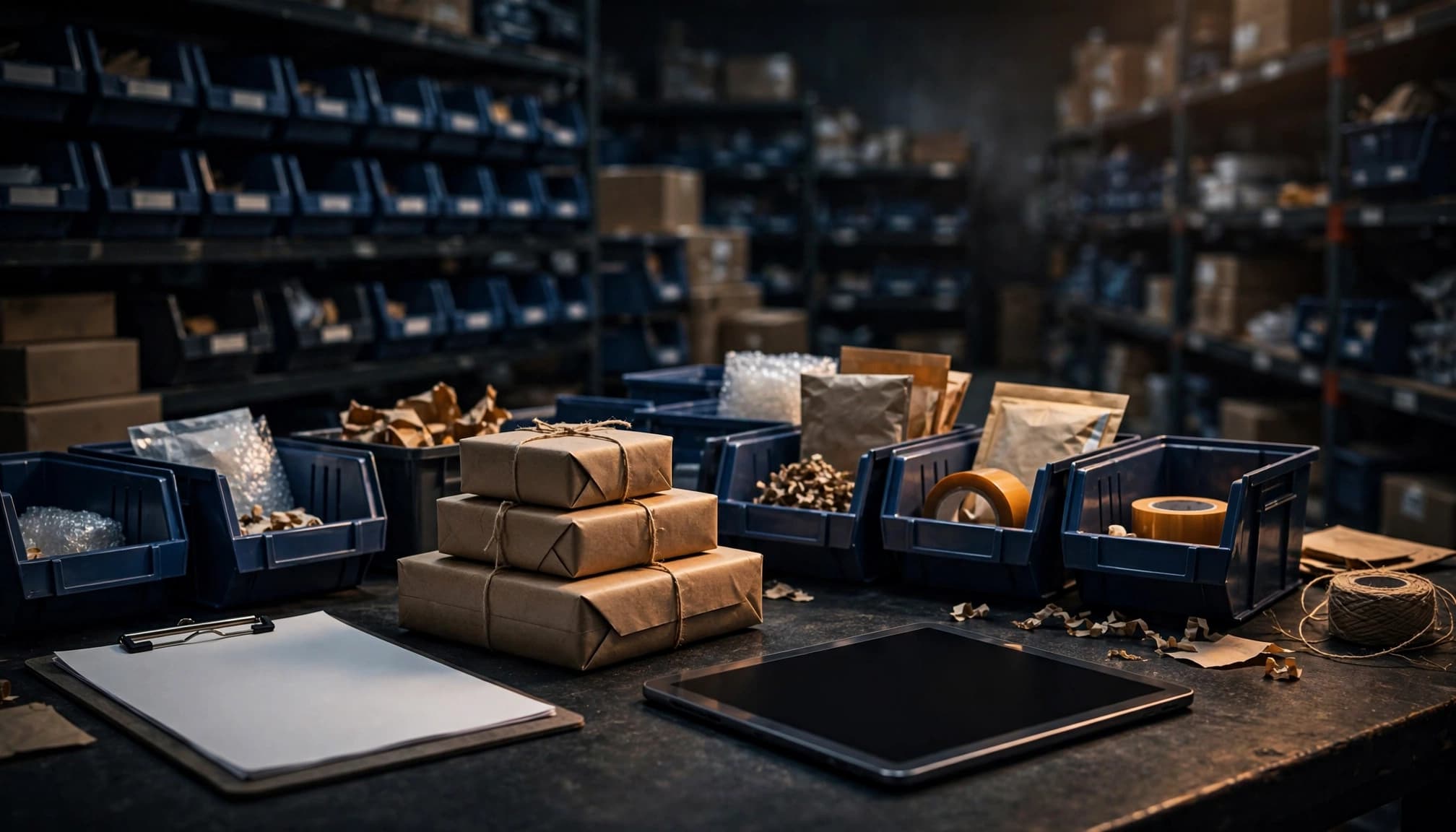 A tablet, clipboard, and parcels sit beside organized inventory bins in a warehouse.