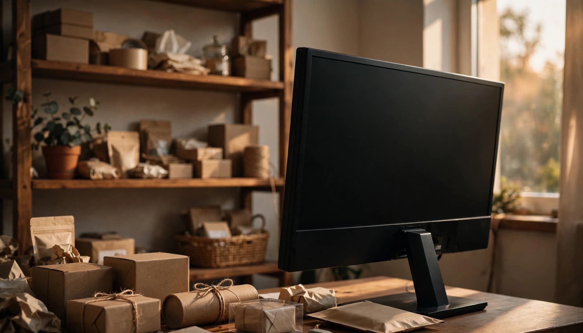 An angled desktop monitor beside packaged products in a warmly lit home office.