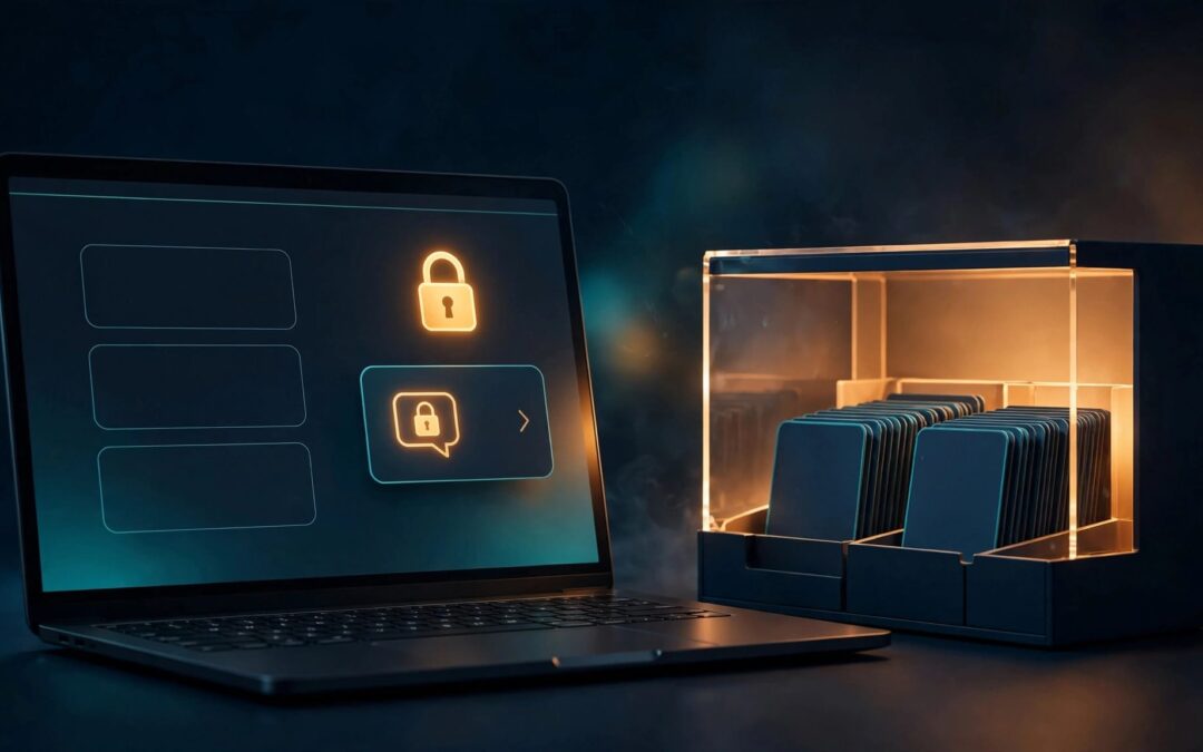 Laptop with comments closed and saved conversation cards beside a glowing padlock.