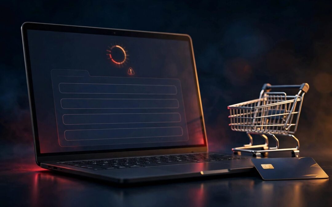 Laptop with a stalled checkout screen beside a shopping cart and payment card.