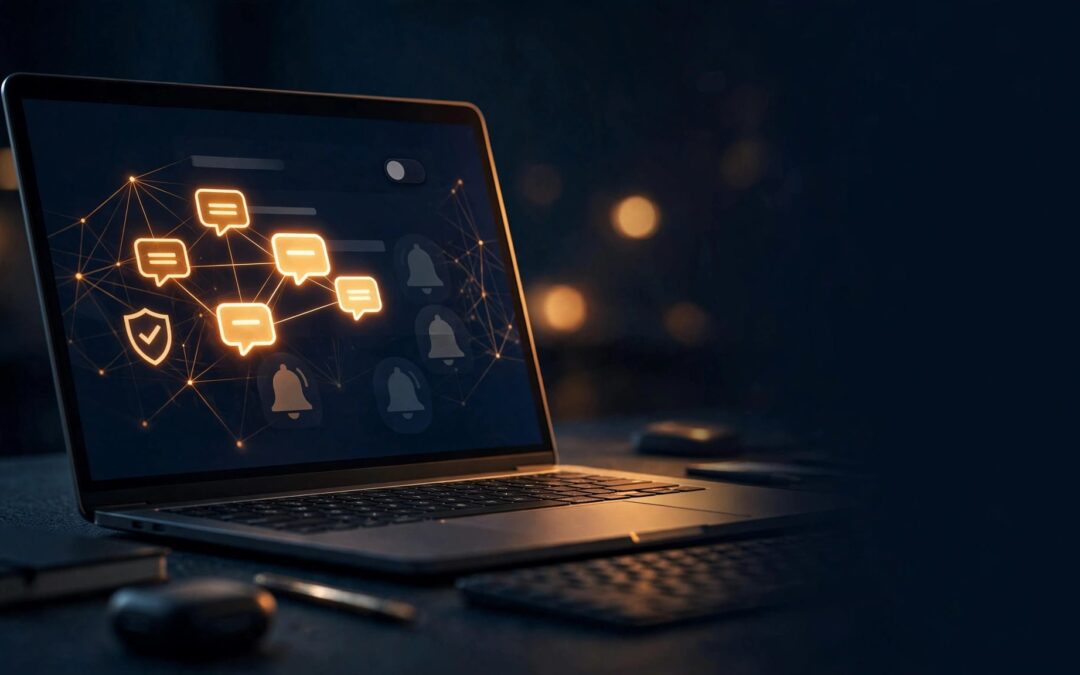 Laptop showing comment bubbles and disabled pingback notifications in a dark settings interface.