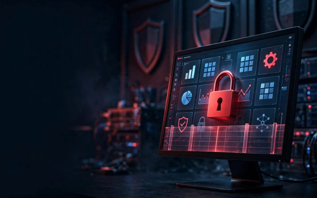 A glowing website dashboard with a red padlock and server equipment in the background.