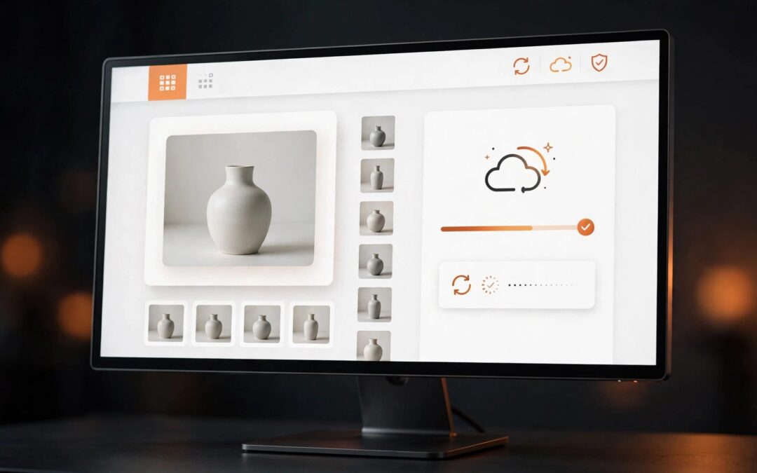Monitor showing a WooCommerce product page with a main image and thumbnail gallery.