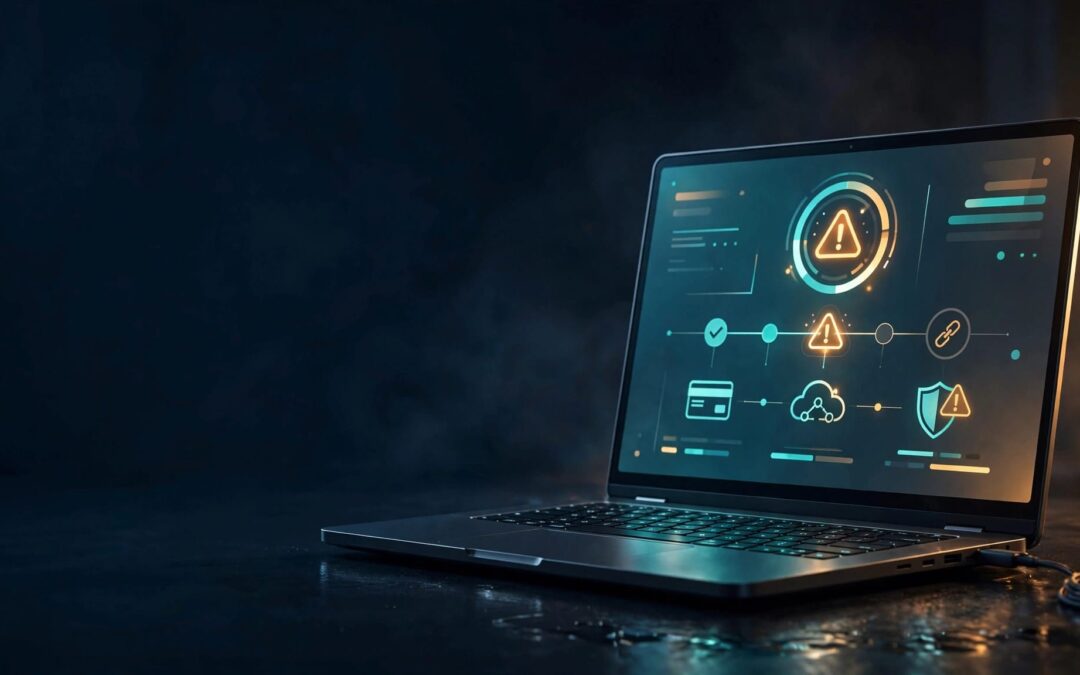 Laptop showing a checkout dashboard with payment alerts and gateway icons.