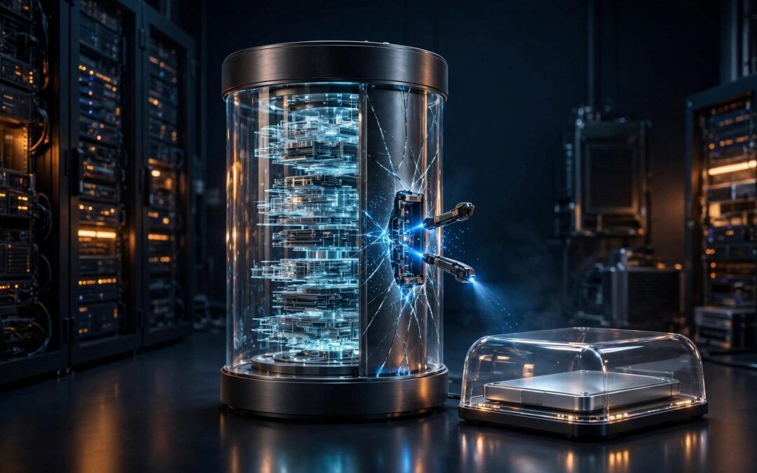 A glowing database beside a protected backup drive in a dark server room.