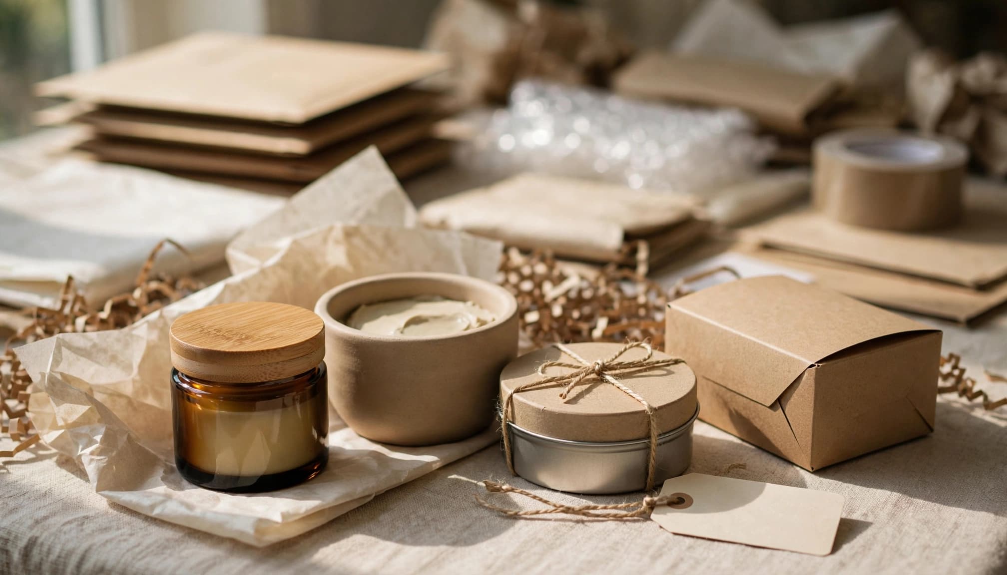Handmade skincare jars and boxes sit beside a blank price tag.