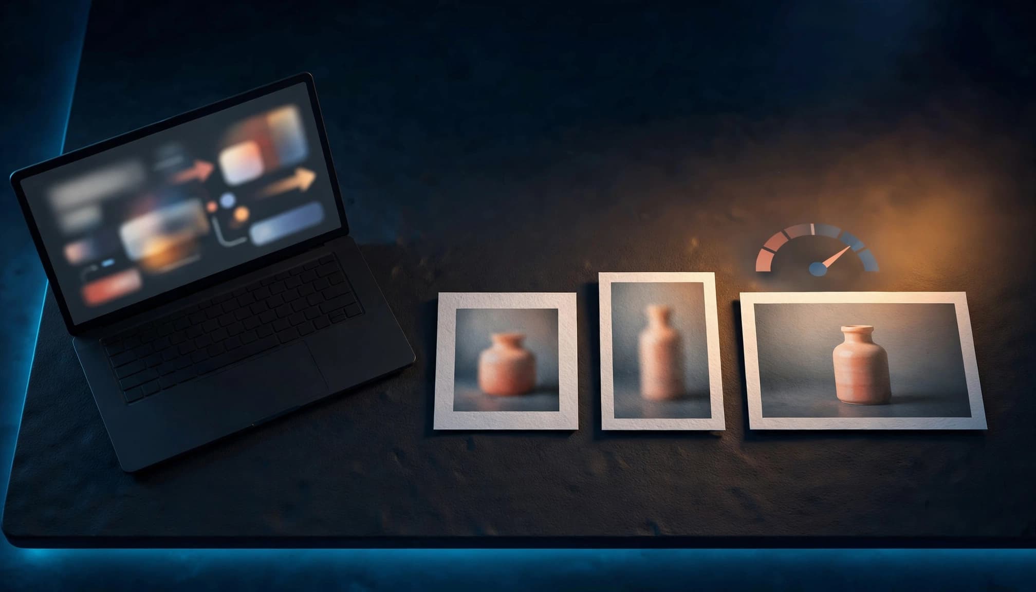An open laptop beside three photo cards and a small speed gauge on a dark workbench.