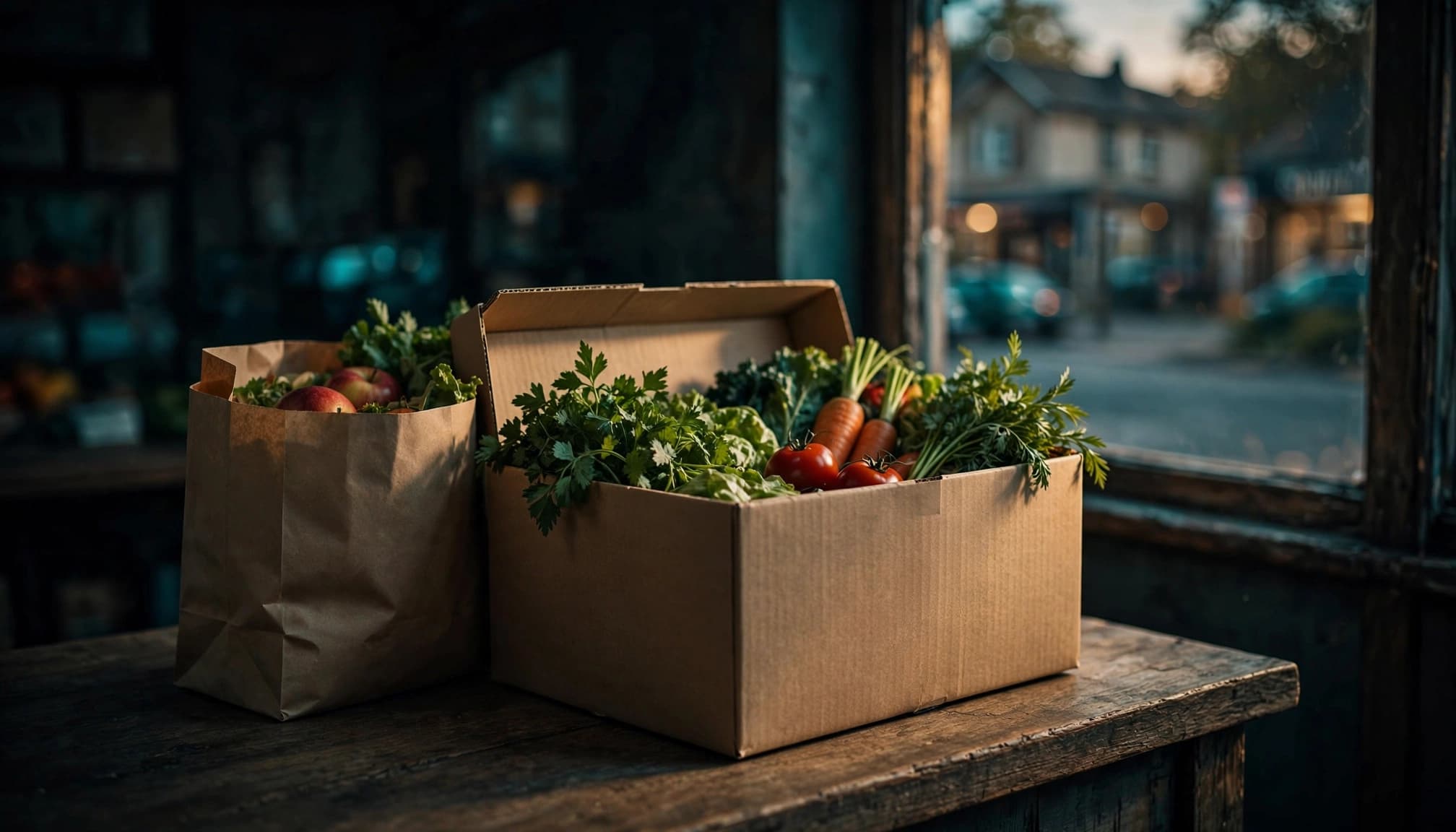 A cardboard parcel, fresh produce, and a paper bag on a shop counter by a window.