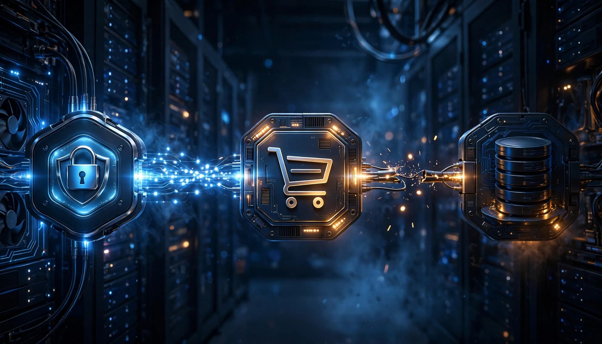 Payment gateway pulses move toward cart and order database icons across a broken connection.