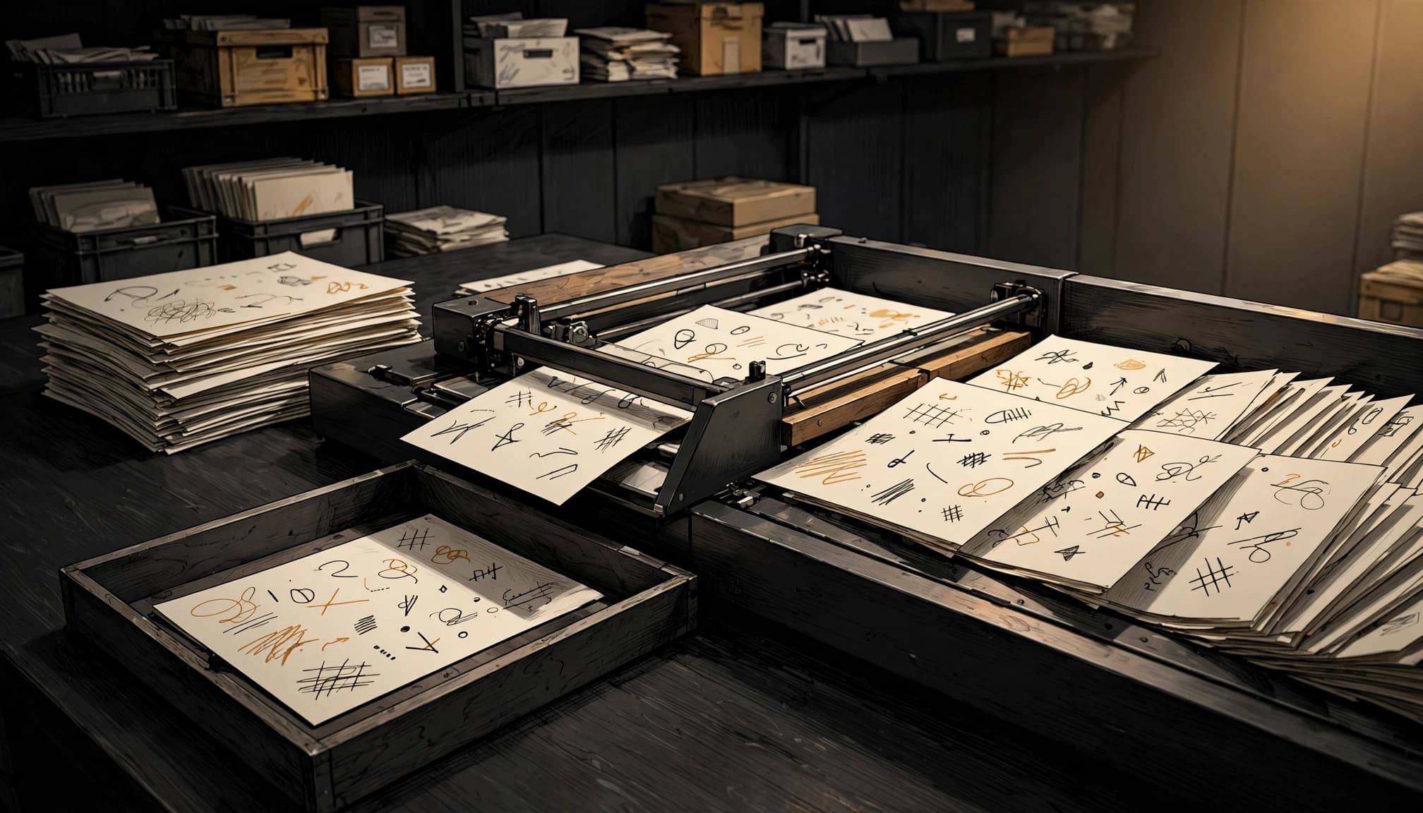 Paper product records pass through a sorting station, with one sheet diverted into a separate tray.