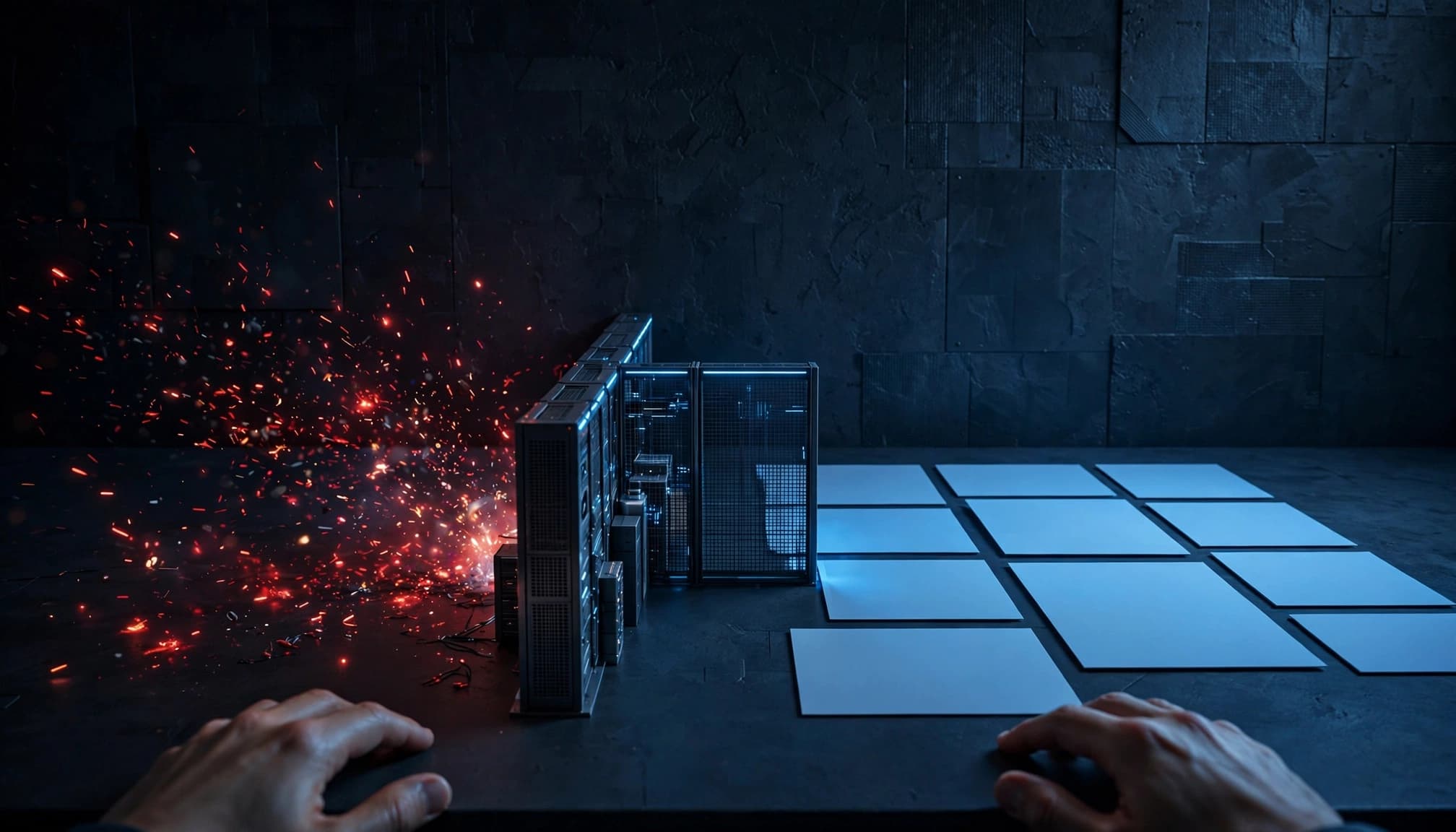 Hands beside blank content cards separated from red alerts by a central firewall.