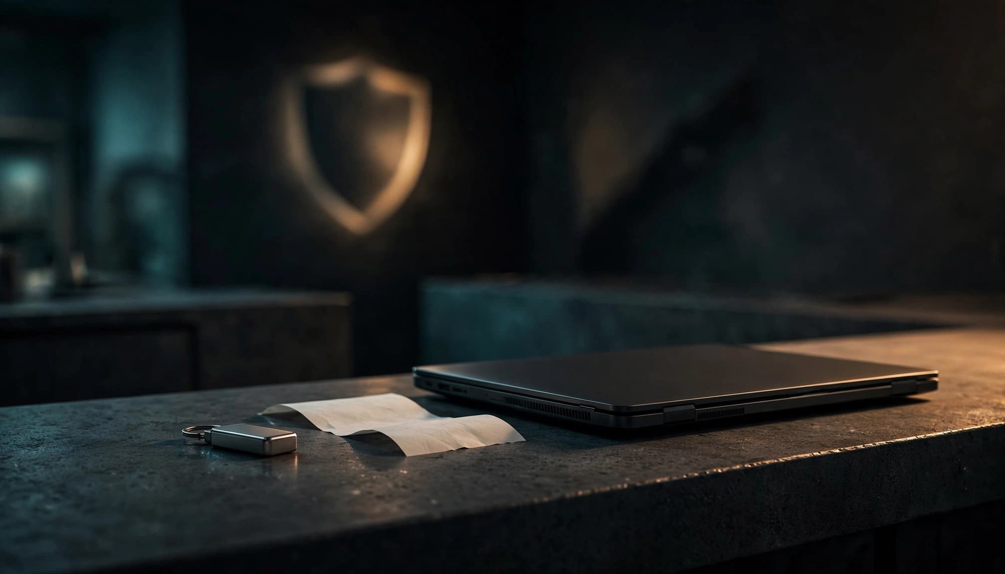 A receipt and USB-shaped token beside a closed laptop, with a shield-shaped reflection behind them.