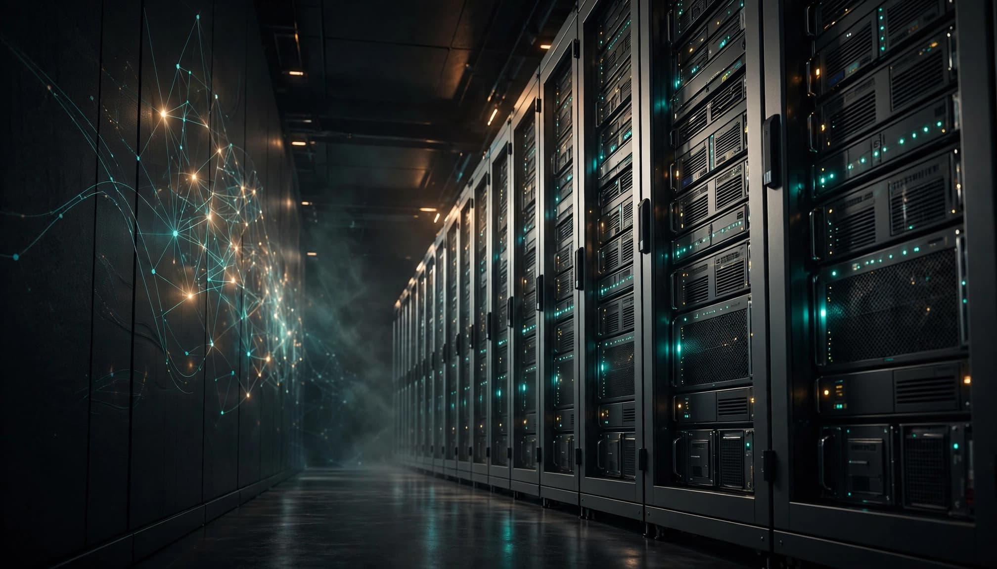 Server cabinets line a dim aisle, lit by teal lights and a subtle amber glow.