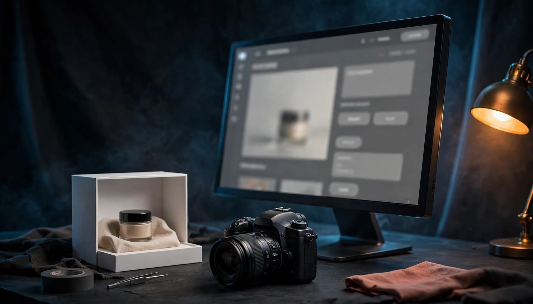 Monitor displaying a product page beside a camera, white box, and product sample.