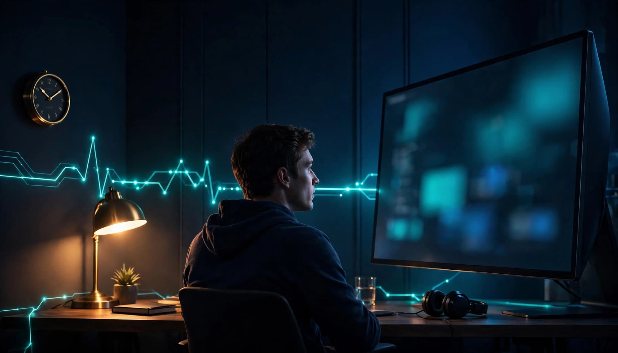 A website owner views a monitor beside an analog clock in a dark home office.