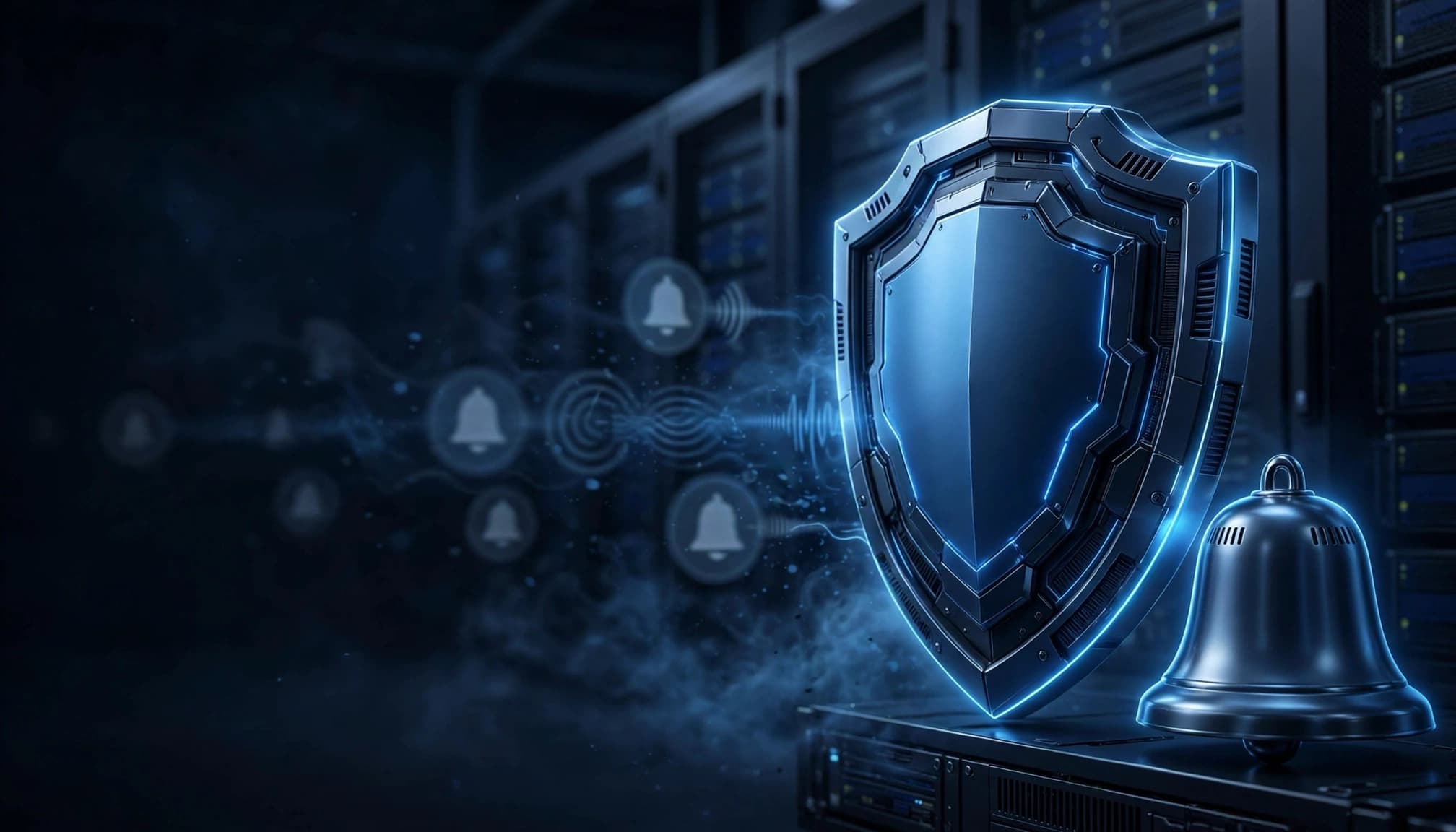 A glowing shield and quiet bell represent pingback protection in a dark server room.