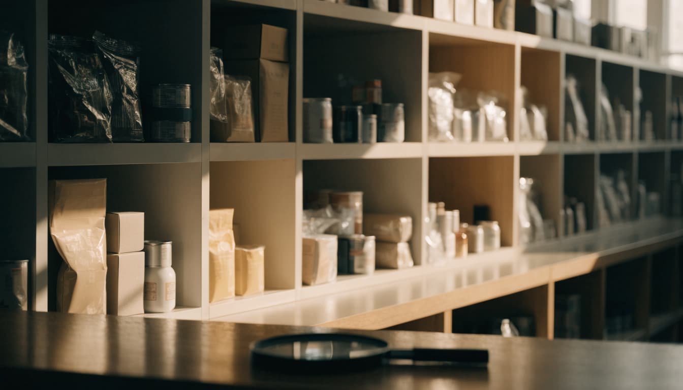 A magnifying glass rests on a counter in front of shelves filled with various products.