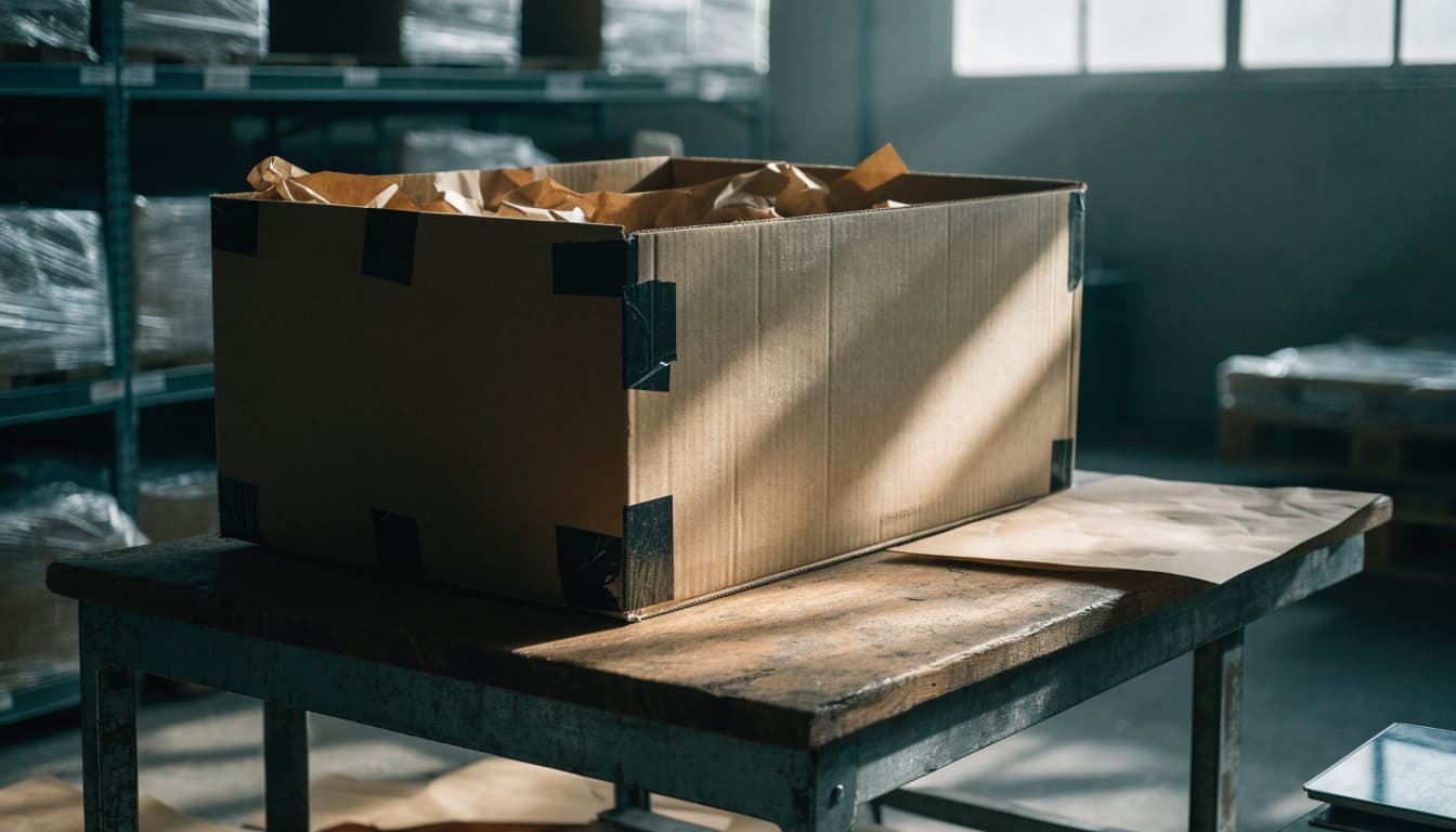 A large cardboard box filled with packing paper sits on a wooden workbench in a warehouse.