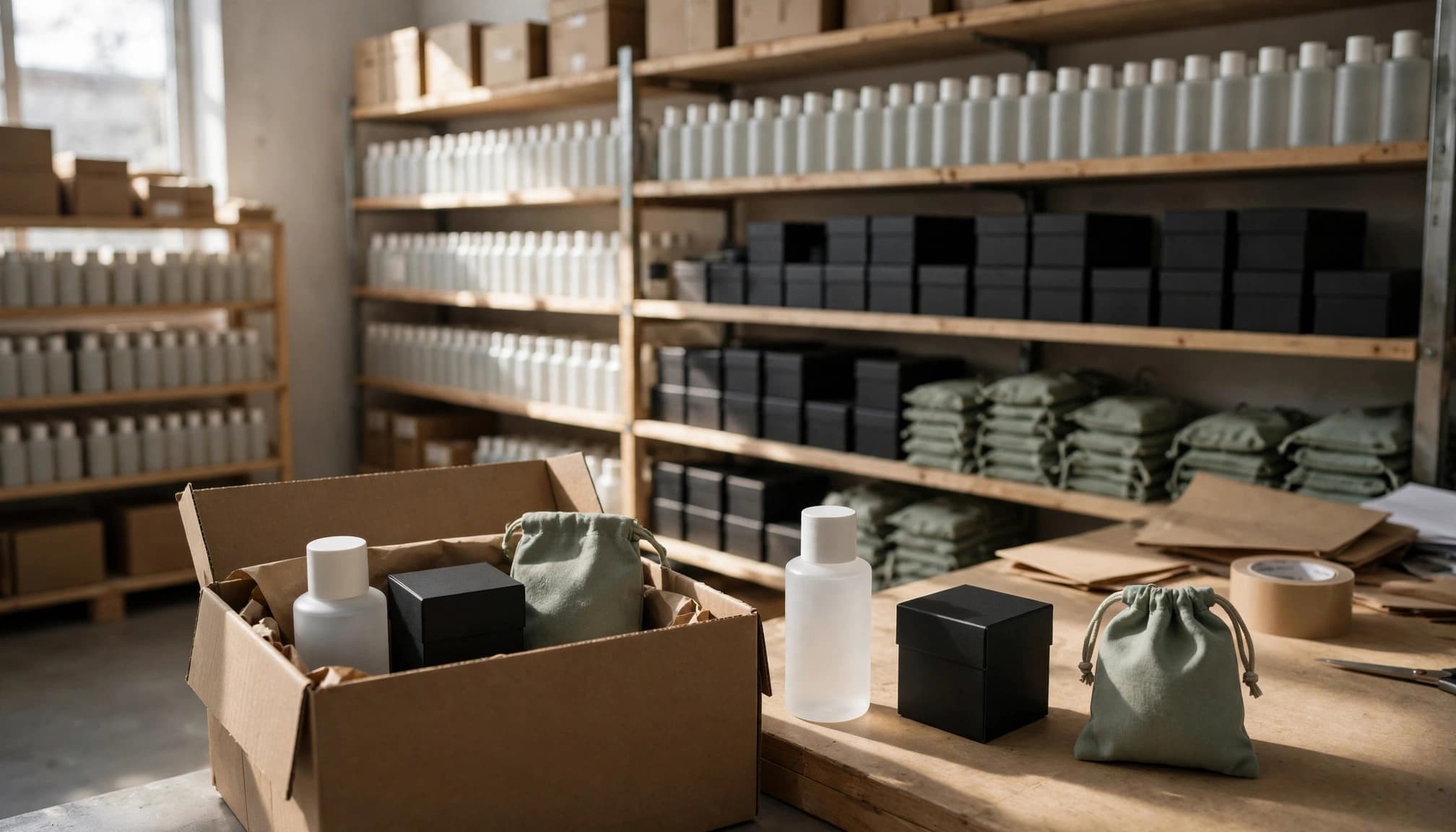 An ecommerce storeroom with shelves of stock and a packing table featuring grouped products.