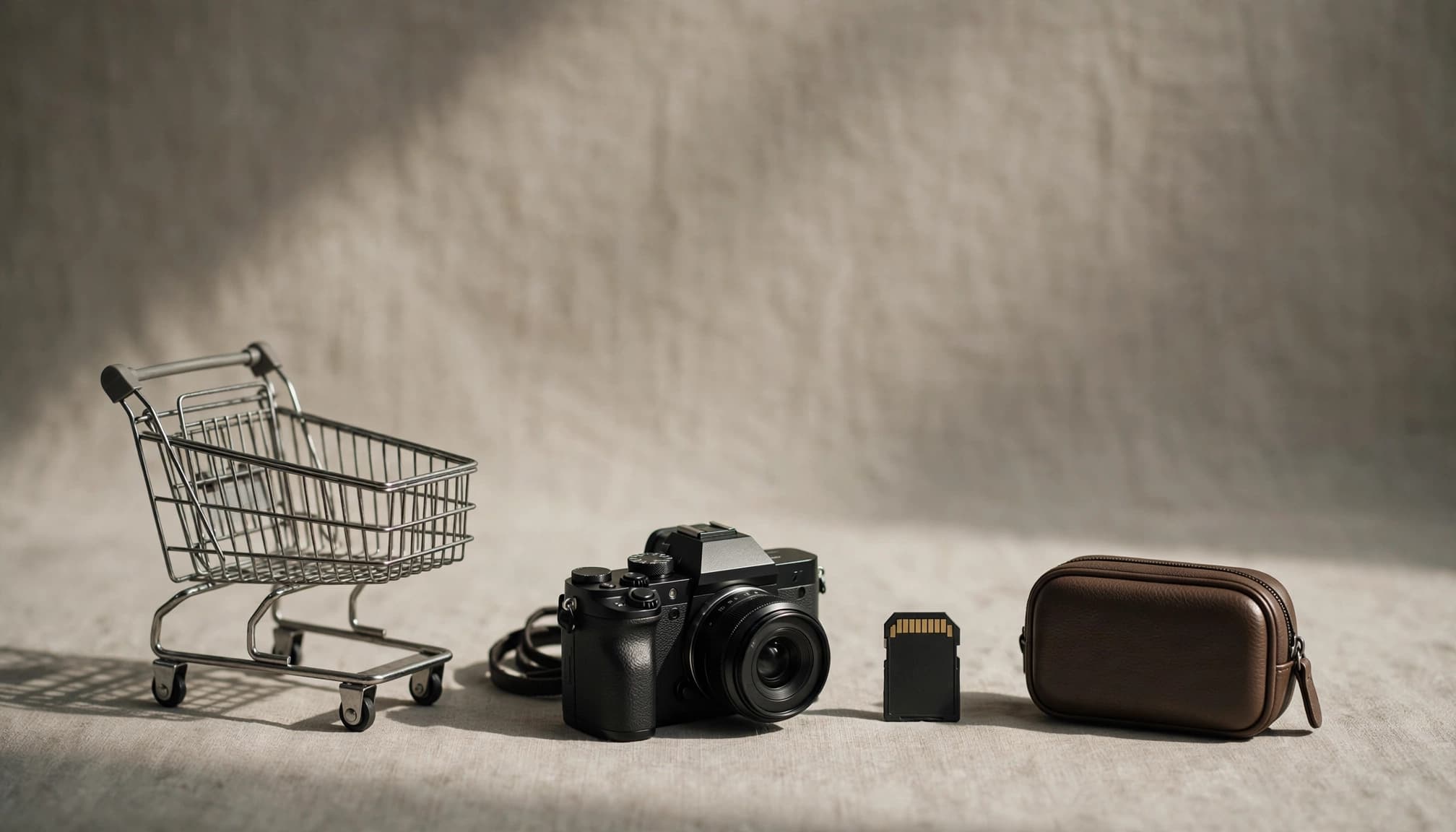 A miniature shopping cart, a camera, a memory card, and a leather case on a neutral background.