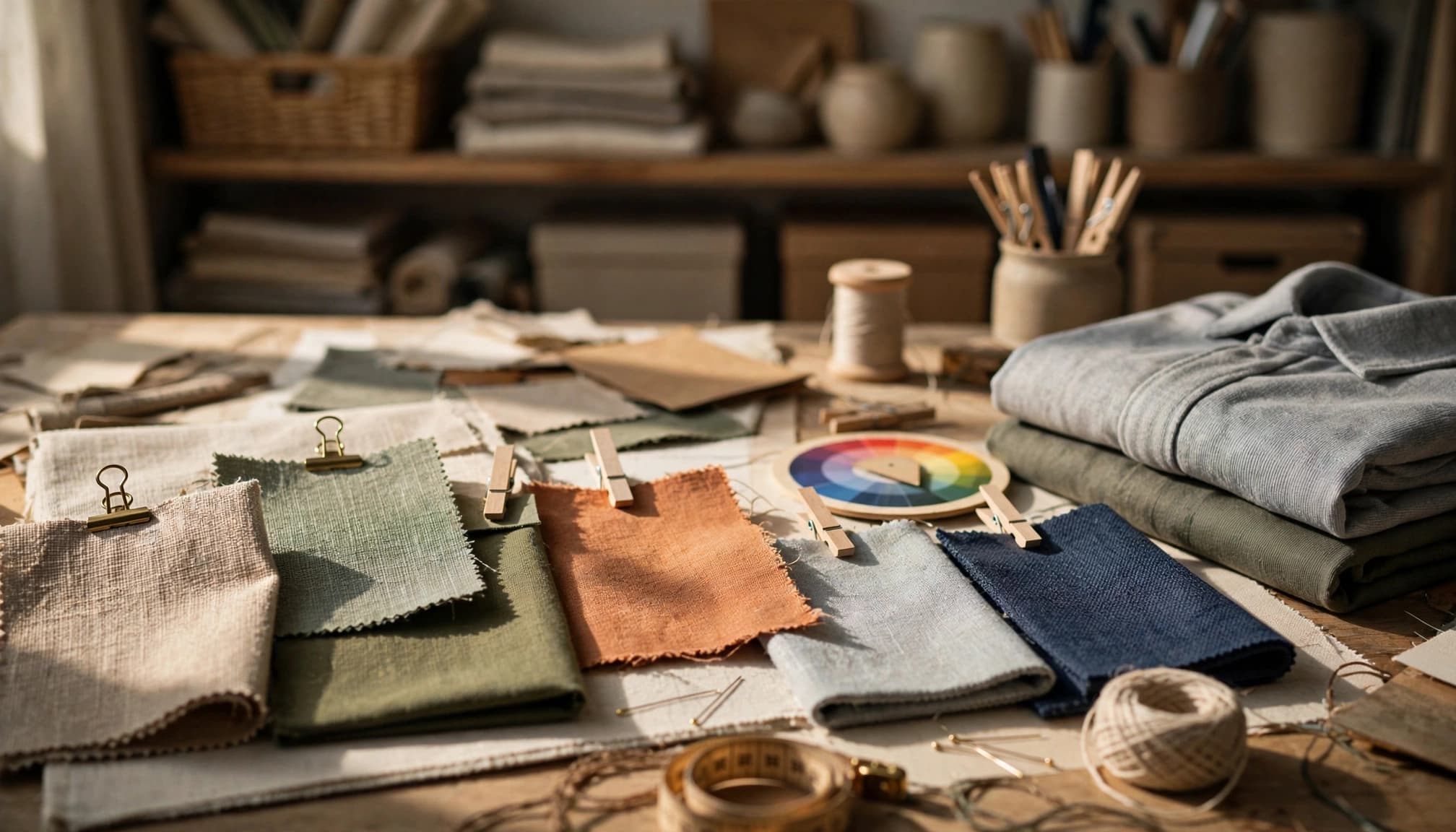 Fabric swatches, a color wheel, and folded shirts arranged on a worktable.