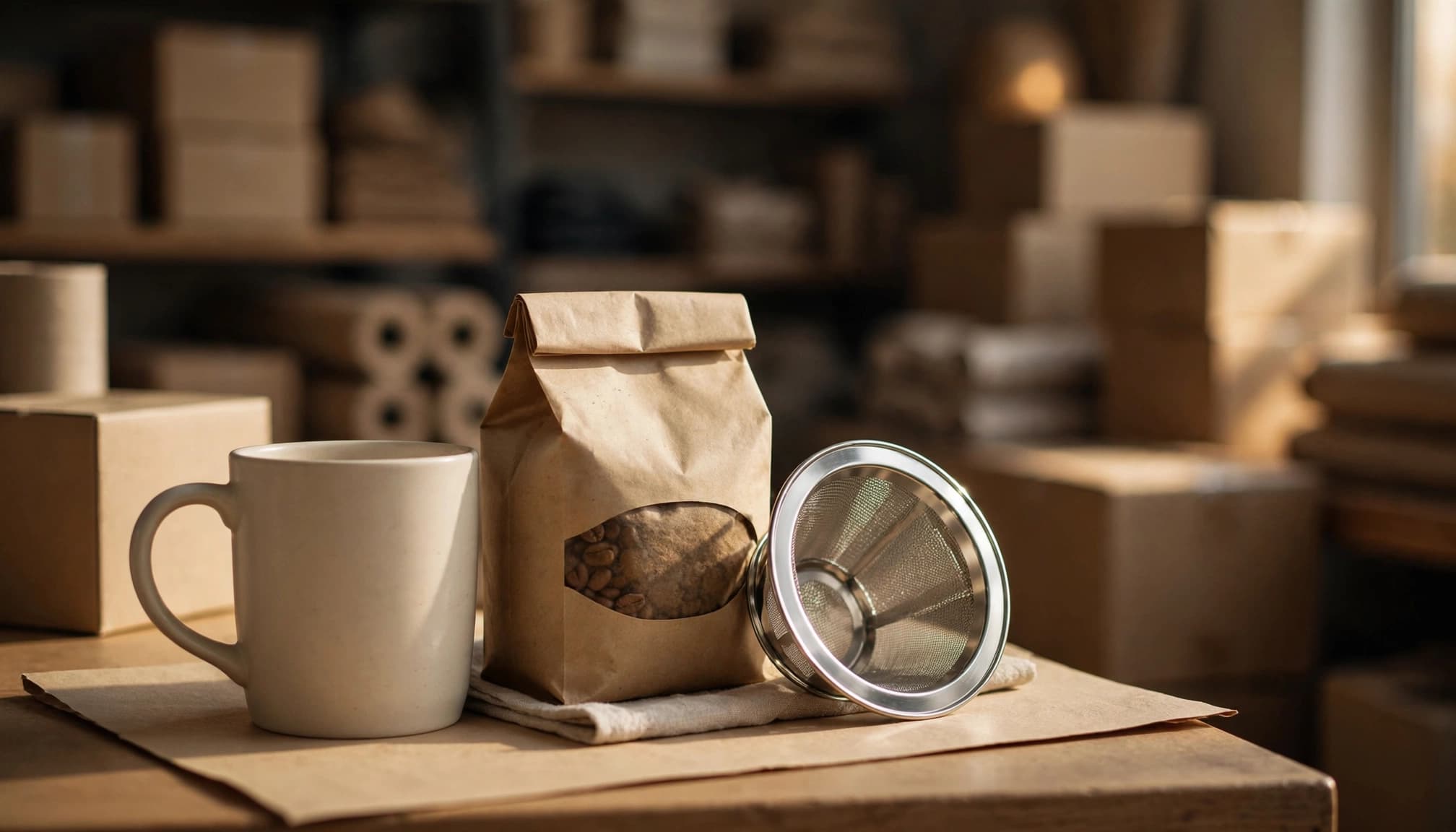 A ceramic mug, a bag of coffee beans, and a metal filter sit on a table in a warehouse.