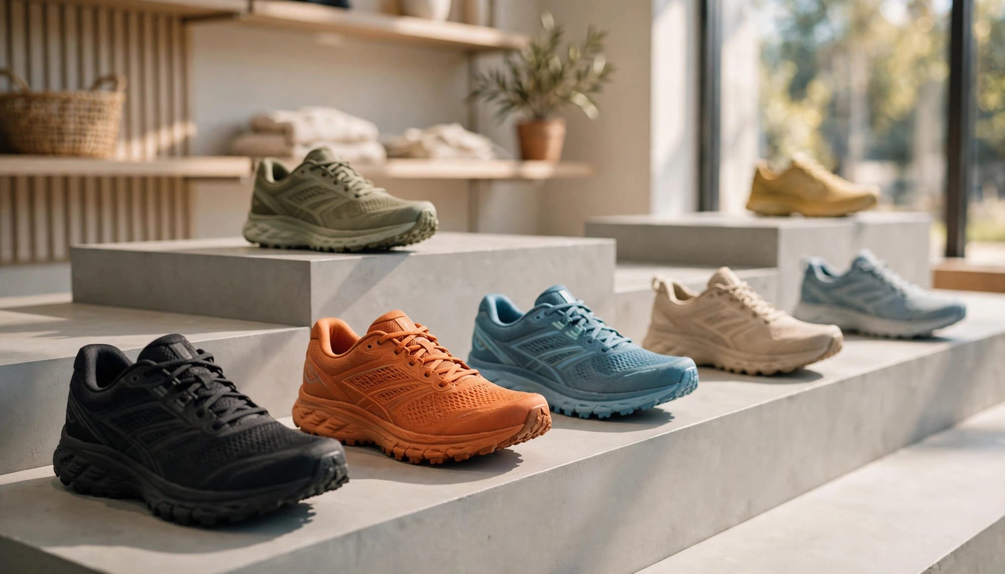 Colorful running shoes in different sizes arranged on stepped display stands.