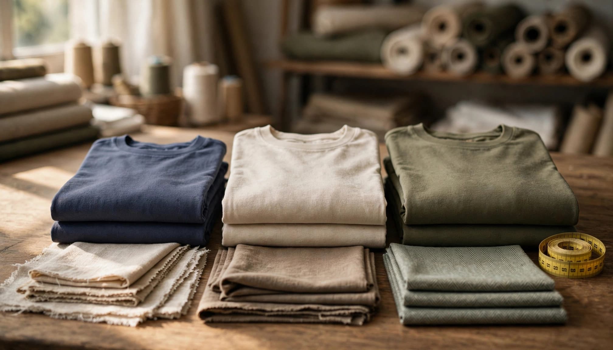 Three differently colored cotton T-shirts arranged beside fabric swatches and a measuring tape.