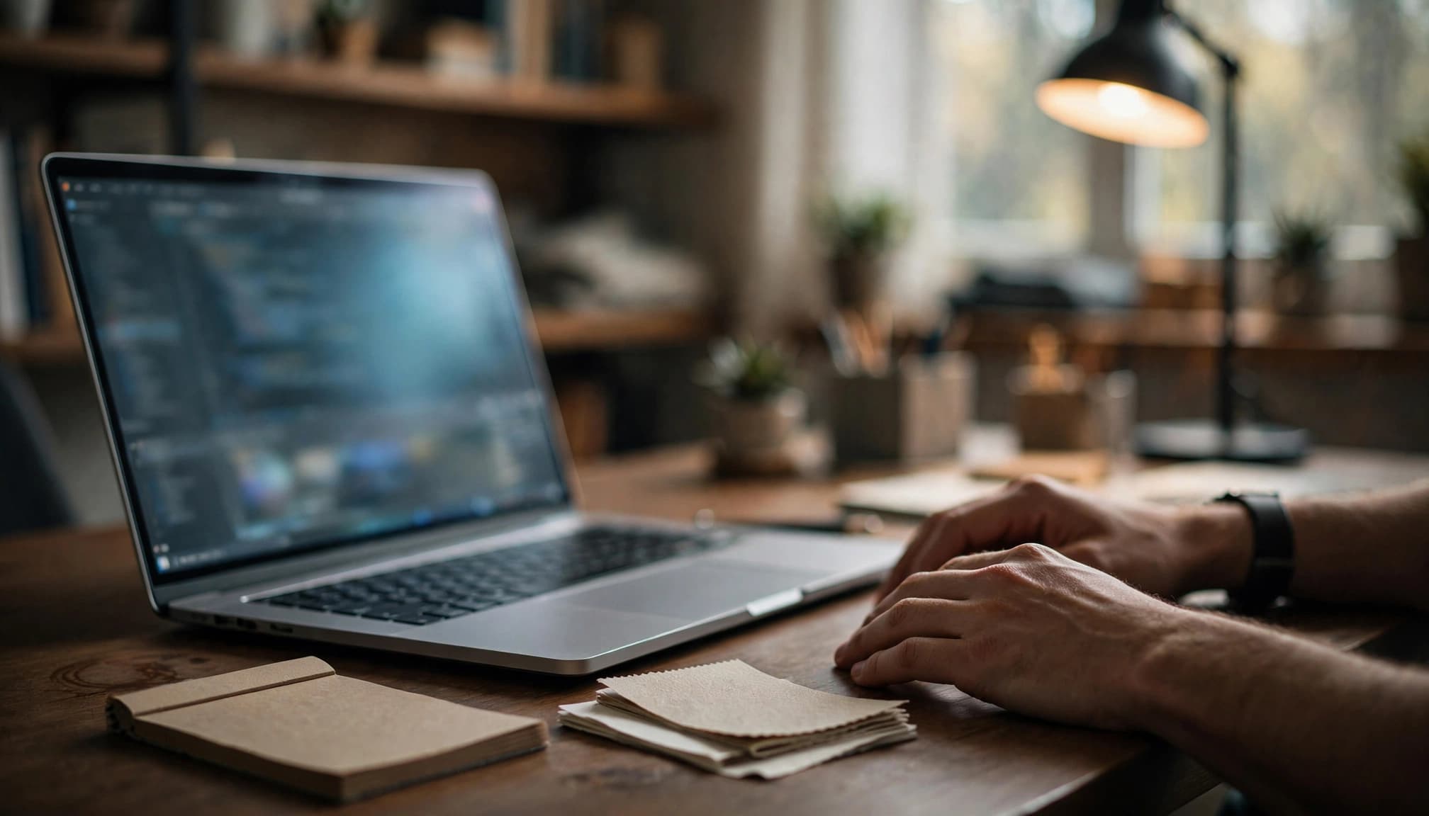A developer's hands rest beside an open laptop on a wooden desk with a notepad and paper samples.