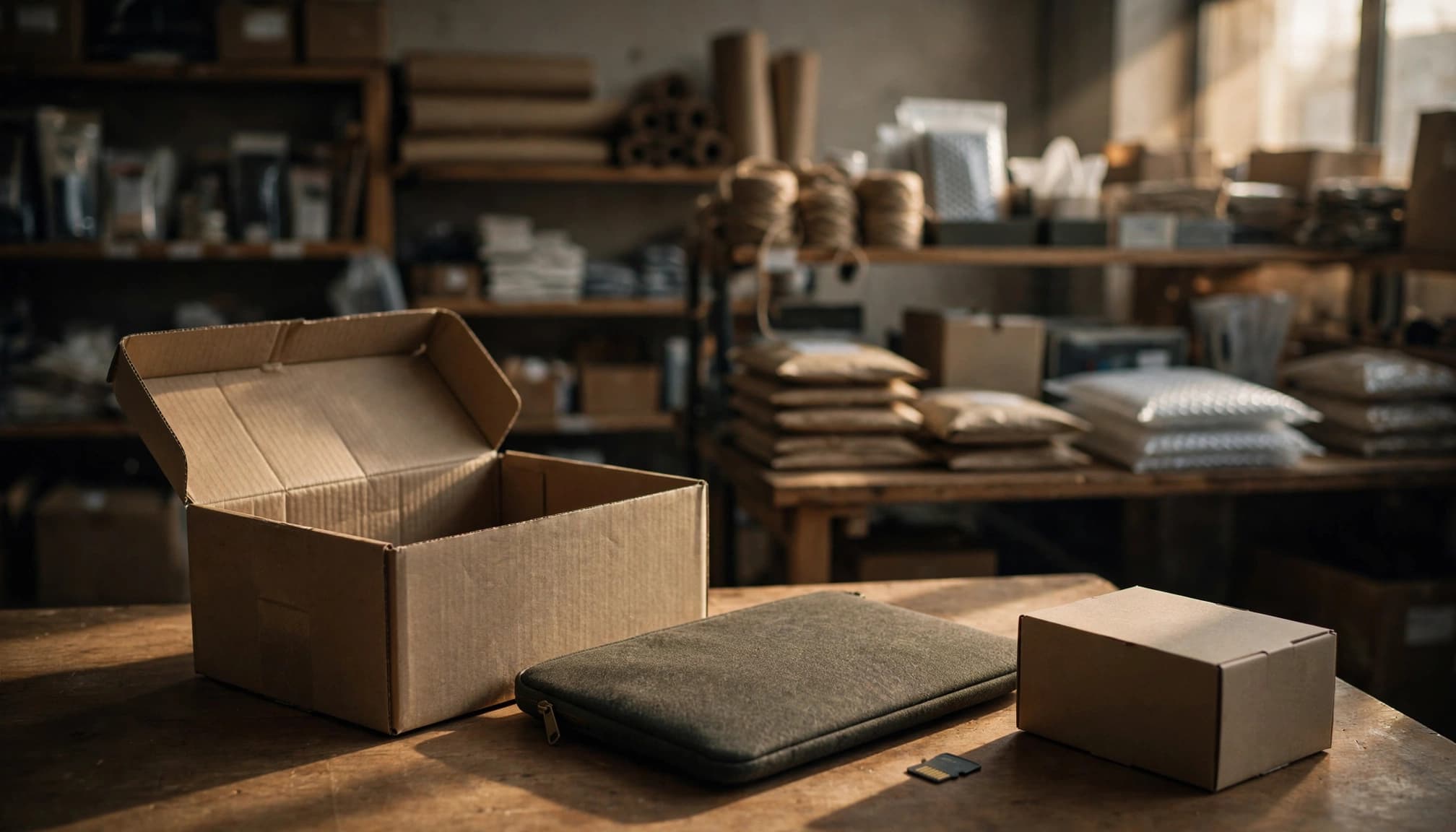 An open cardboard shipping box, a laptop sleeve, a memory card, and a small box on a wooden table.