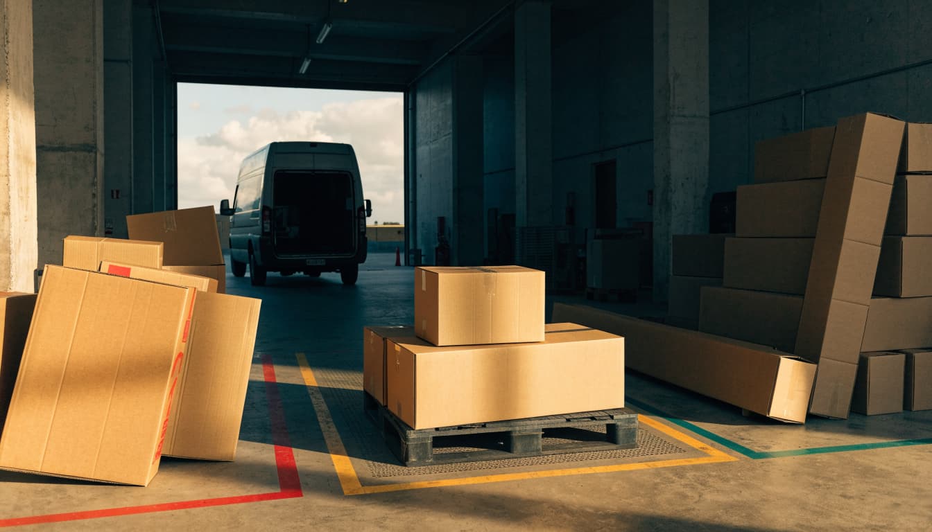 Cardboard parcels on pallets in a warehouse with a delivery van parked outside.