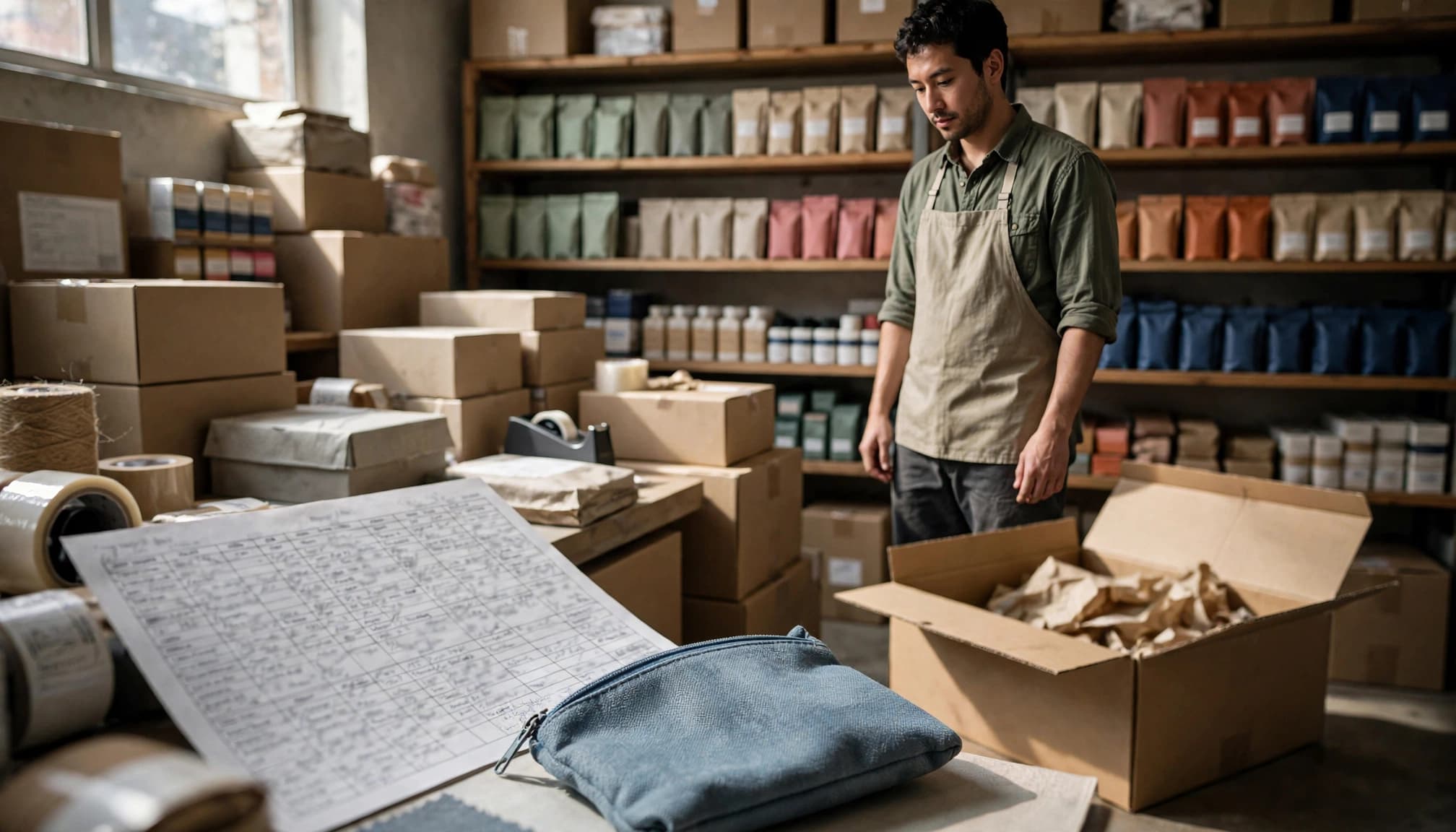 A store owner reviews a product sample beside an inventory grid in a packing area.