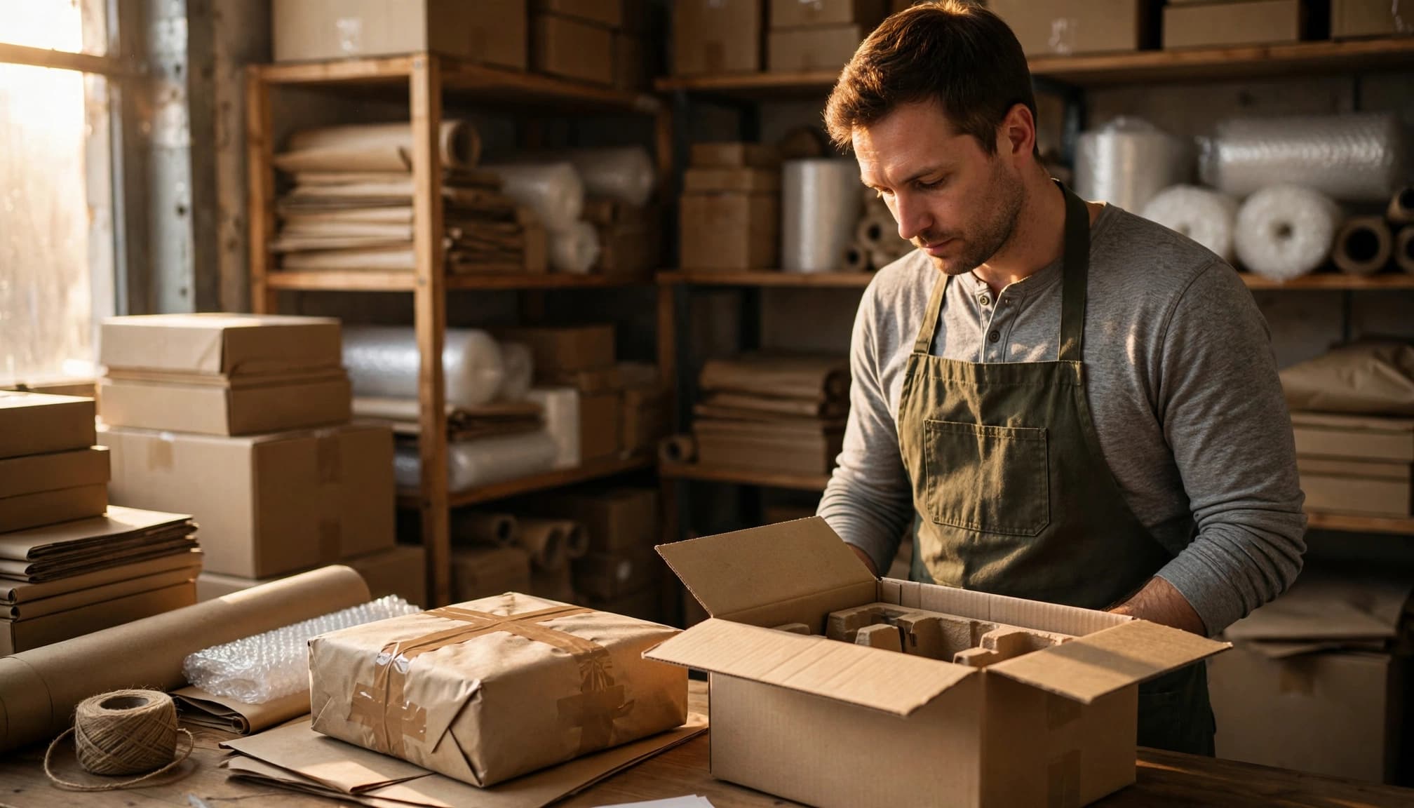A shop owner checks a sealed parcel beside an opened product box.