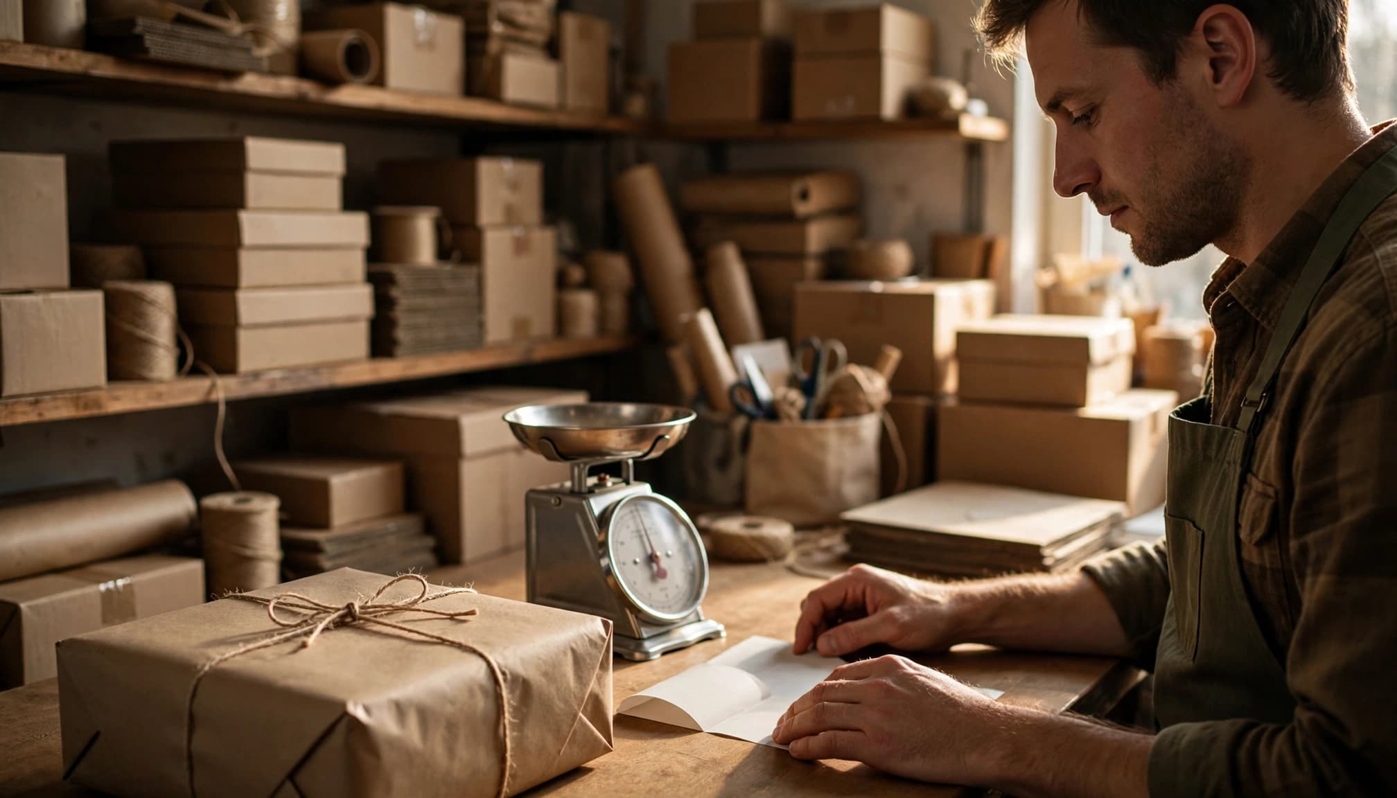 A shop owner checks a receipt beside a packed parcel and shipping scale.