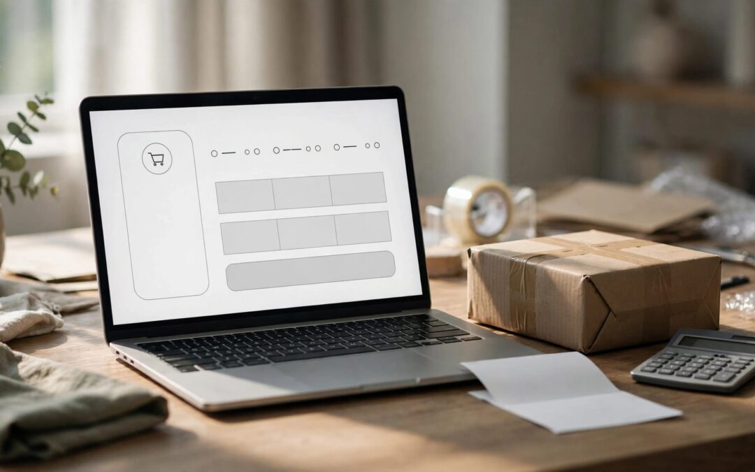 A laptop with a checkout screen sits beside a parcel, calculator, and blank shipping label.