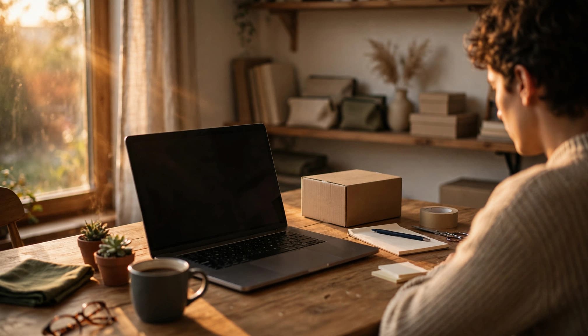 A shop owner reviews shipping settings on a laptop beside a box and notepad.