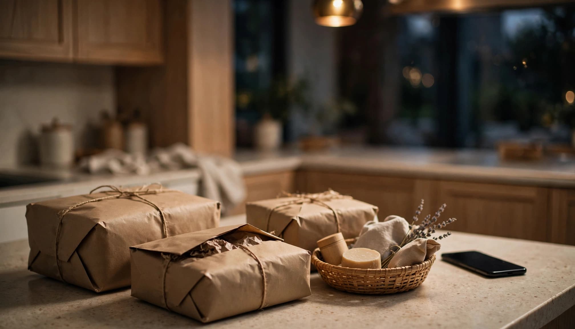 Three parcels and a basket of products sit beside a phone on a kitchen counter.