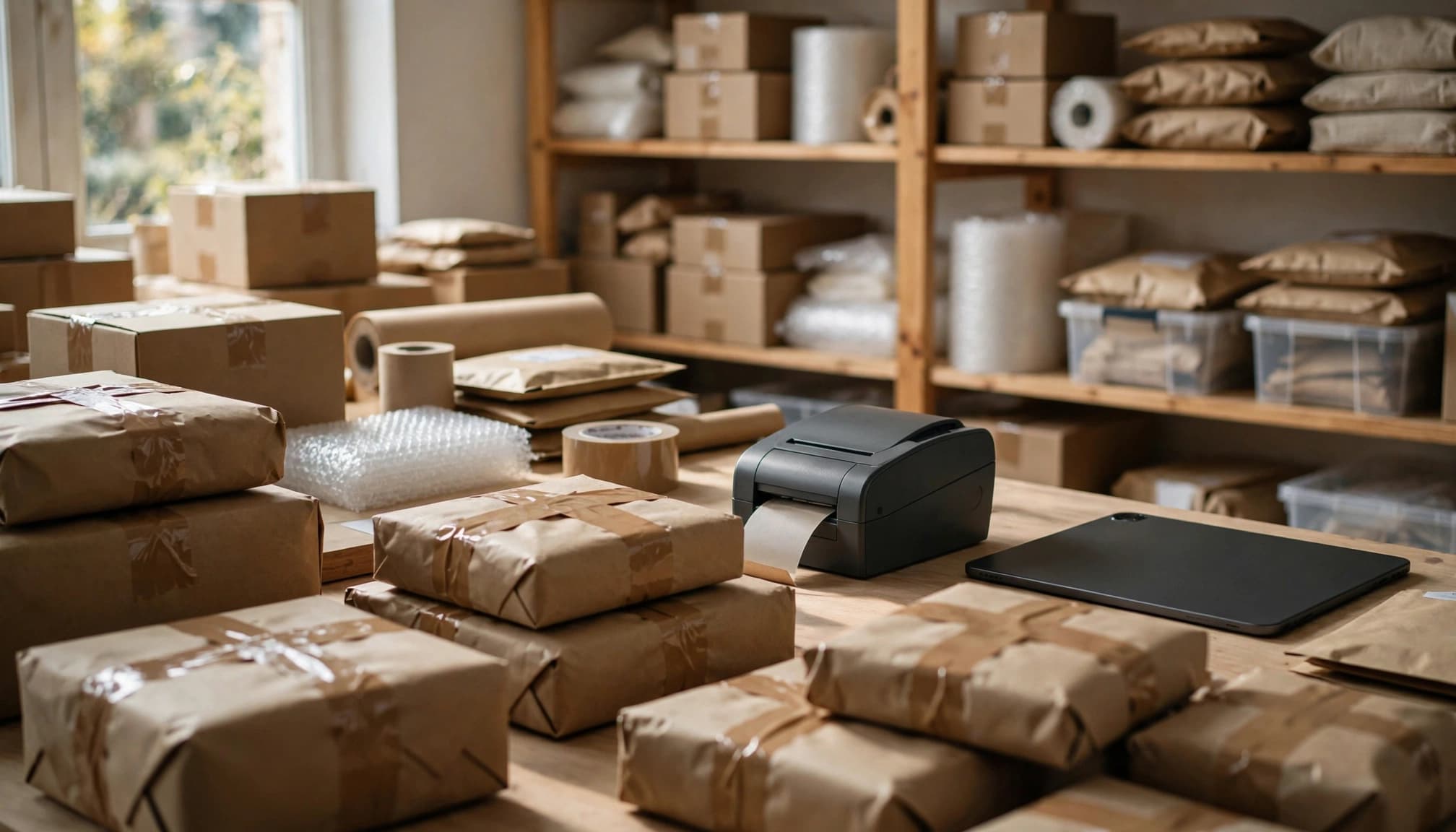 A shipping station with packed parcels, a label printer, and a tablet on a wooden table.