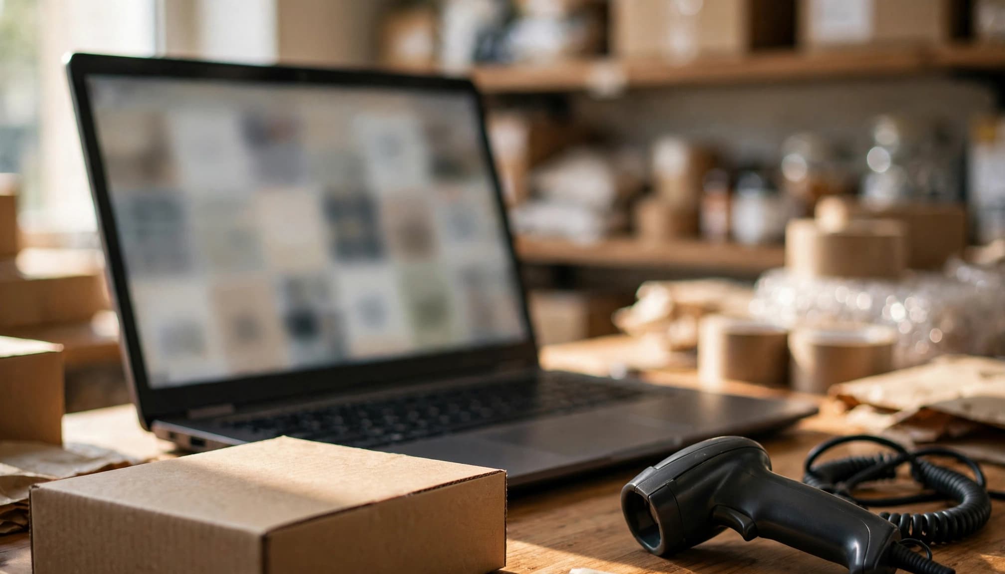 A laptop displaying a blurred product grid, a small cardboard box, and a barcode scanner on a wooden counter.