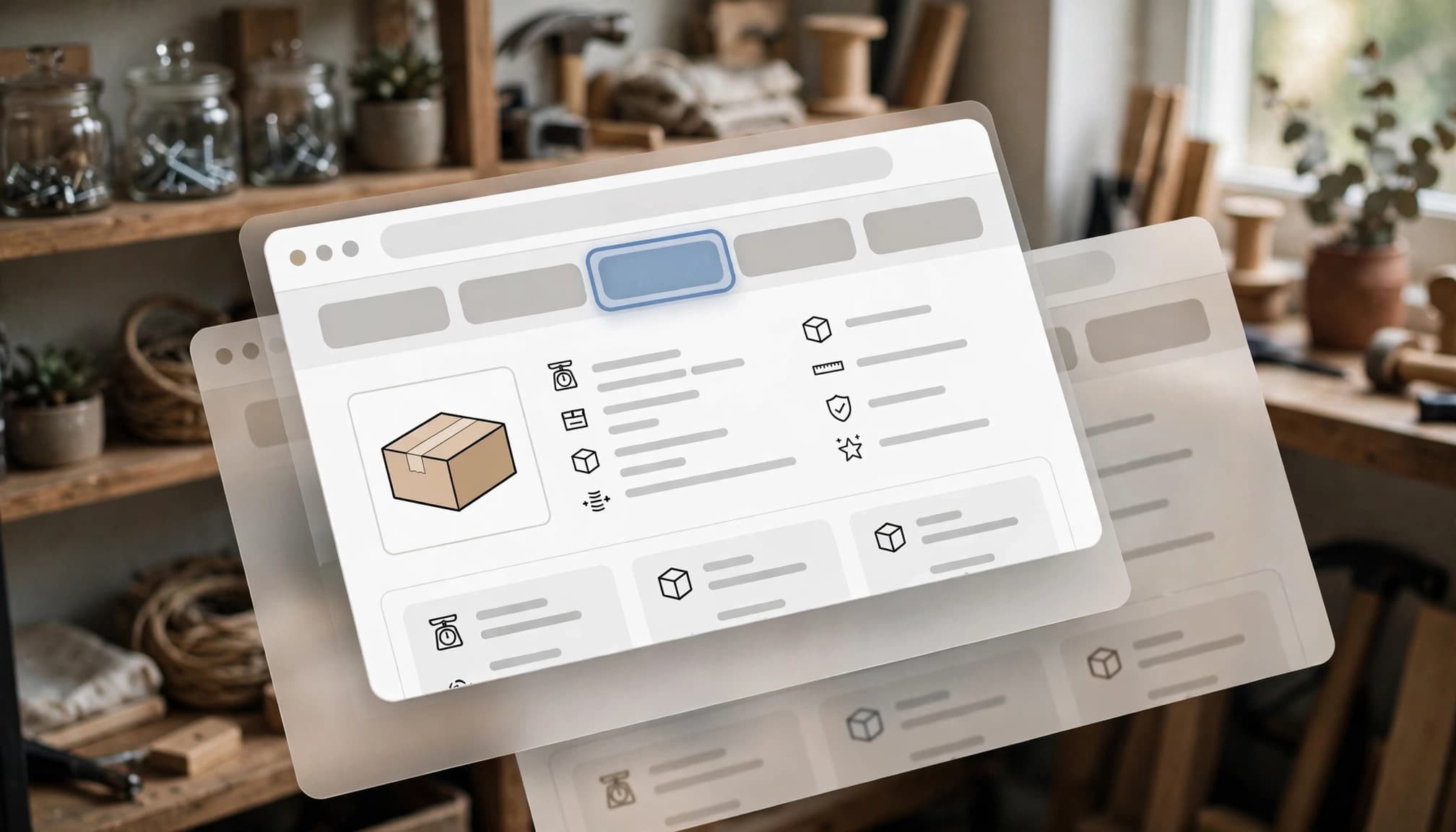 Layered browser product page mockup showing a product box and specification icons in a workshop.