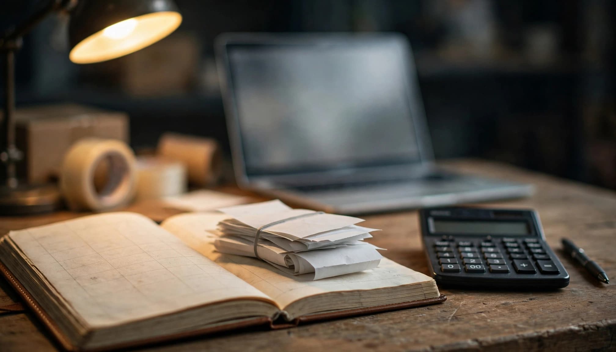 A ledger, receipts, and calculator sit in front of a blurred laptop.