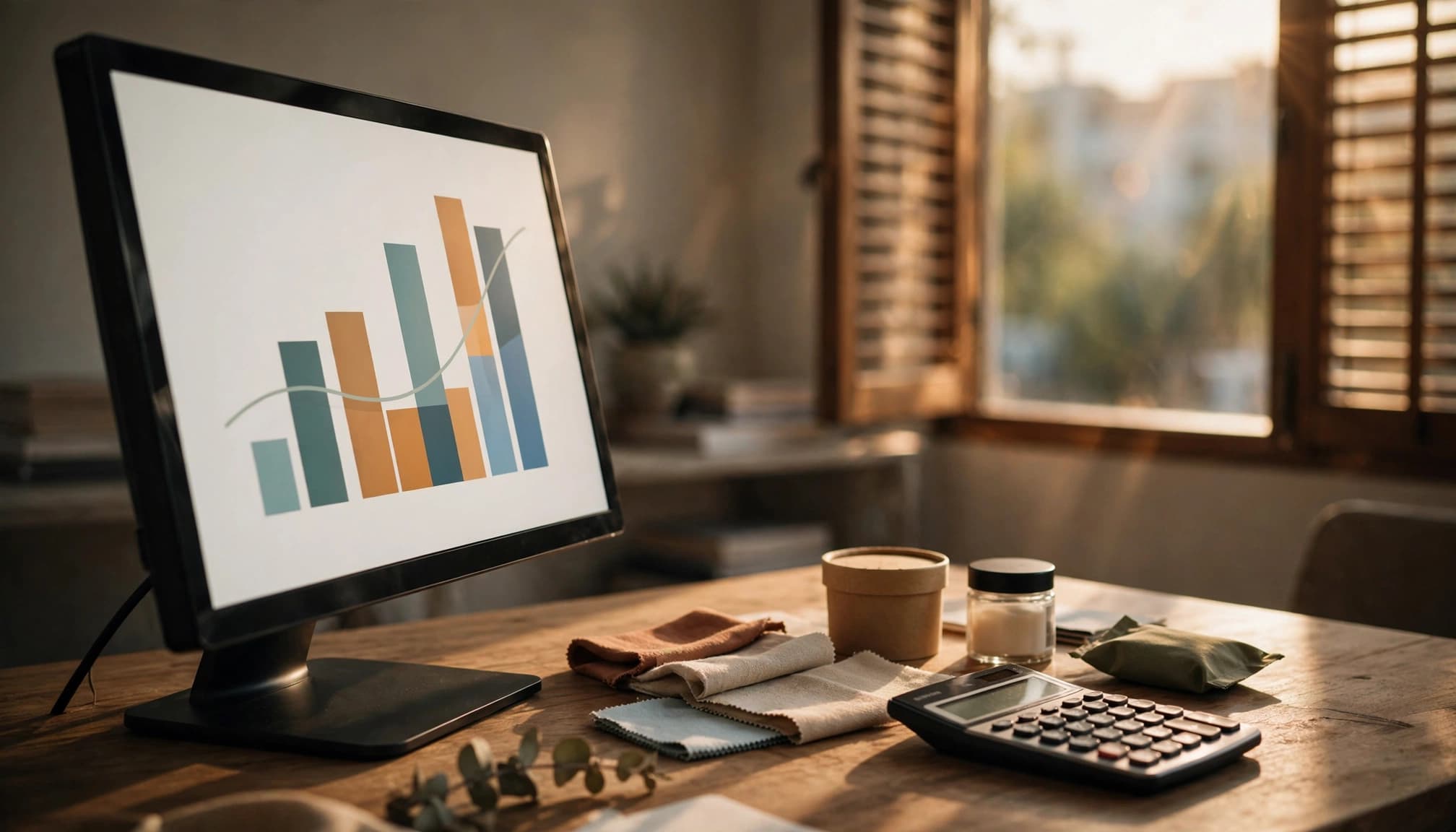 A desktop monitor showing a bar chart sits on a wooden desk with a calculator and product samples.